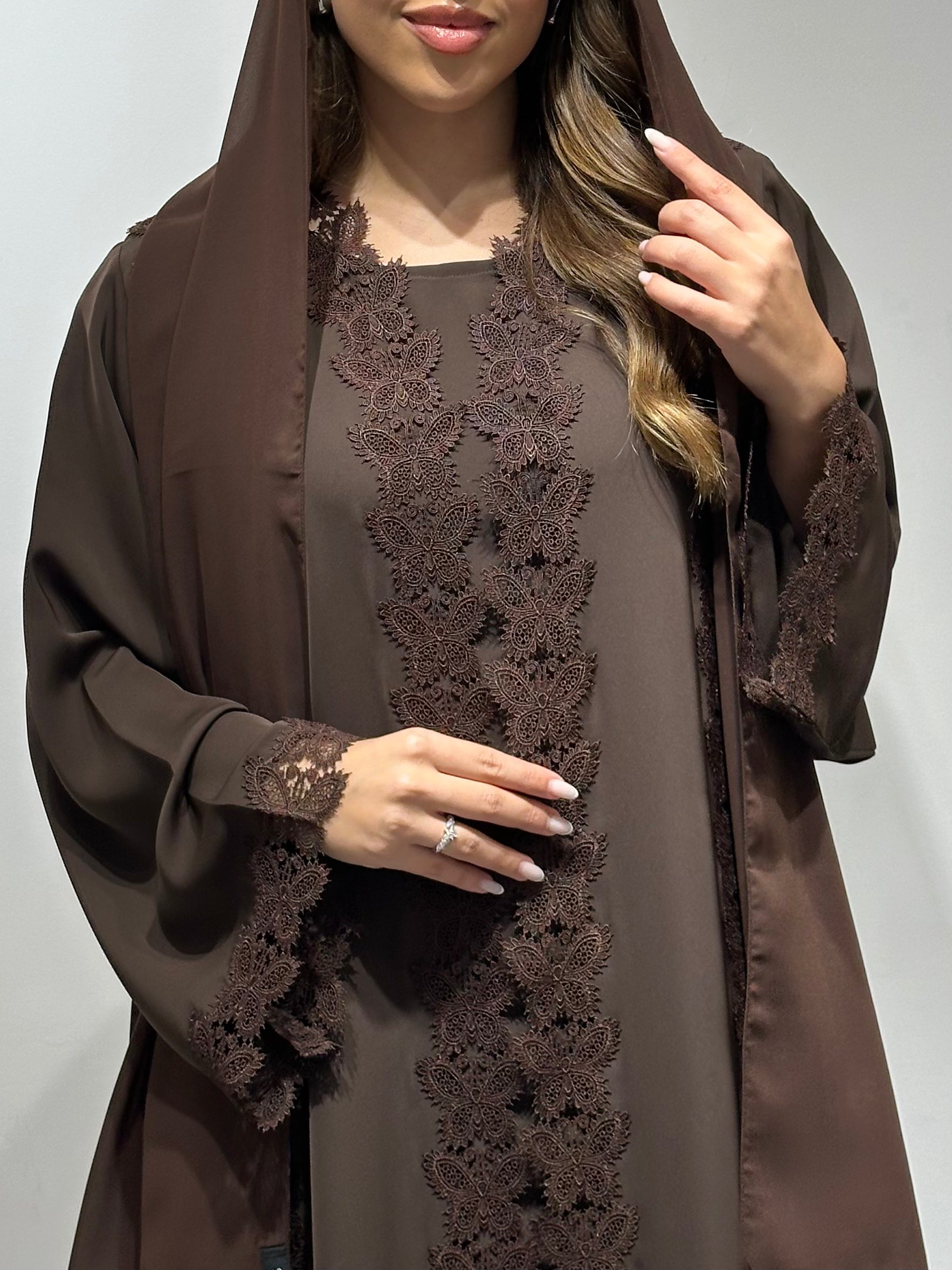 C 1597 Deep Brown Lace Abaya