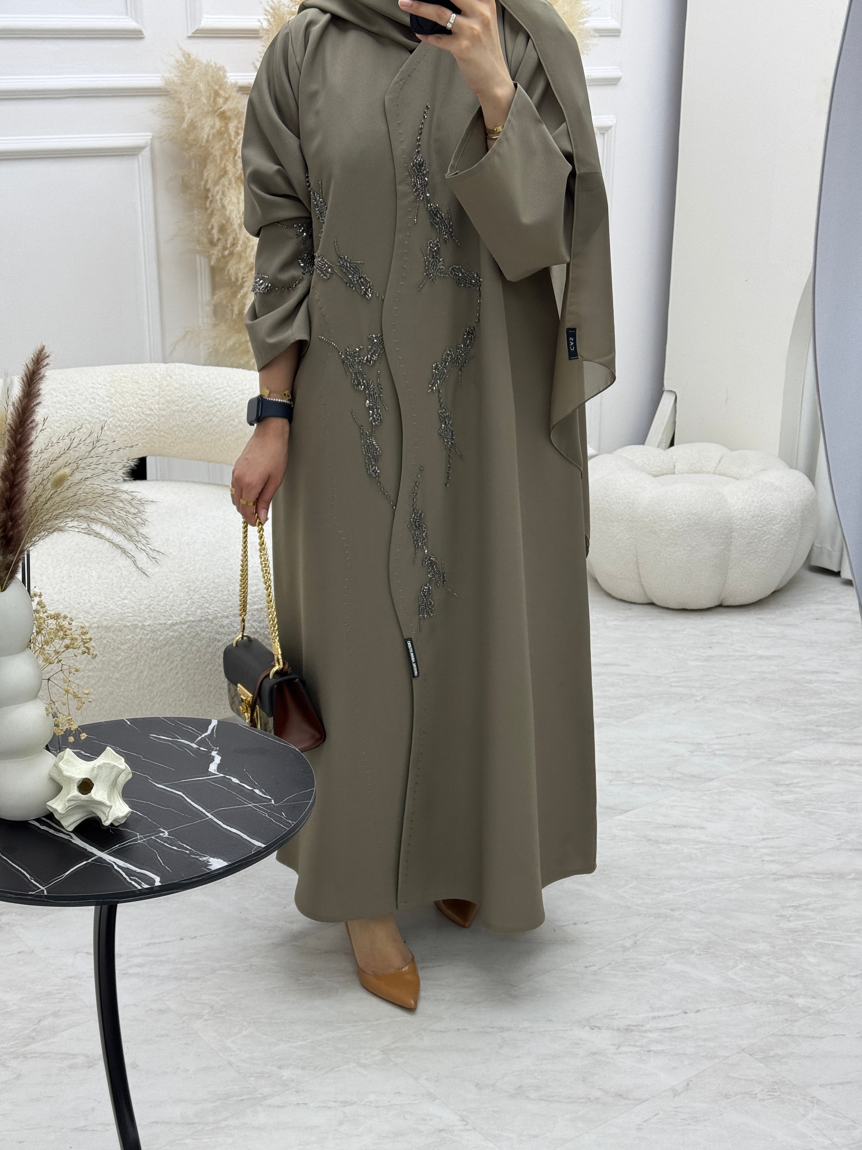C 0925 Khaki Beaded Eid Abaya