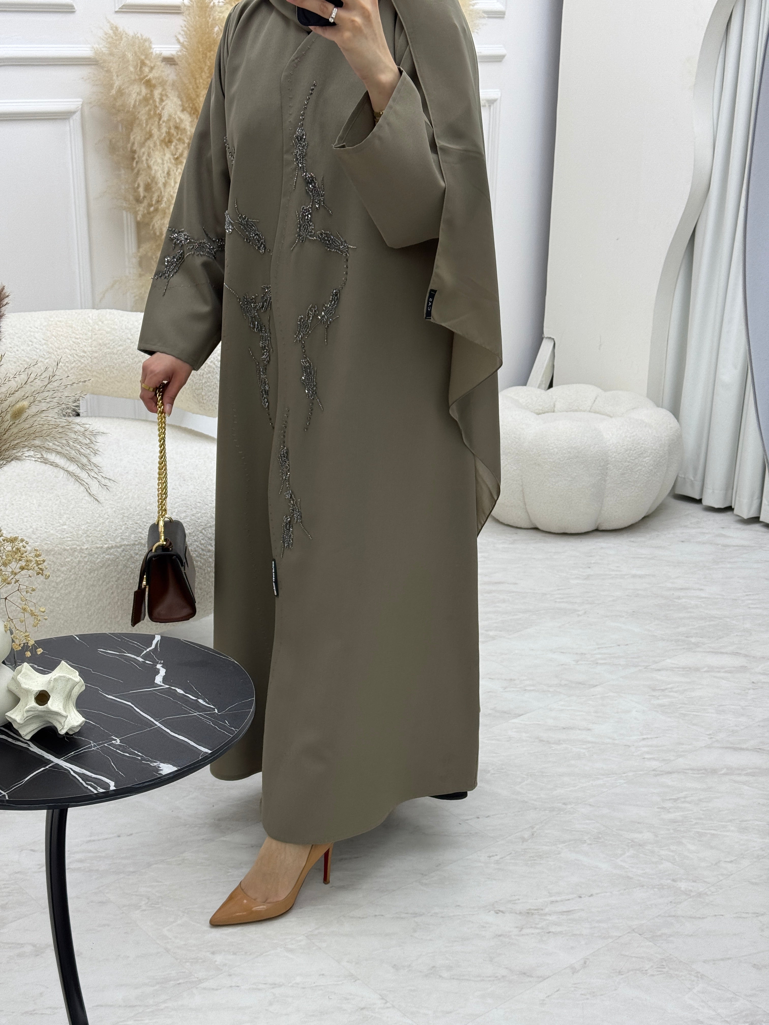 C 0925 Khaki Beaded Eid Abaya