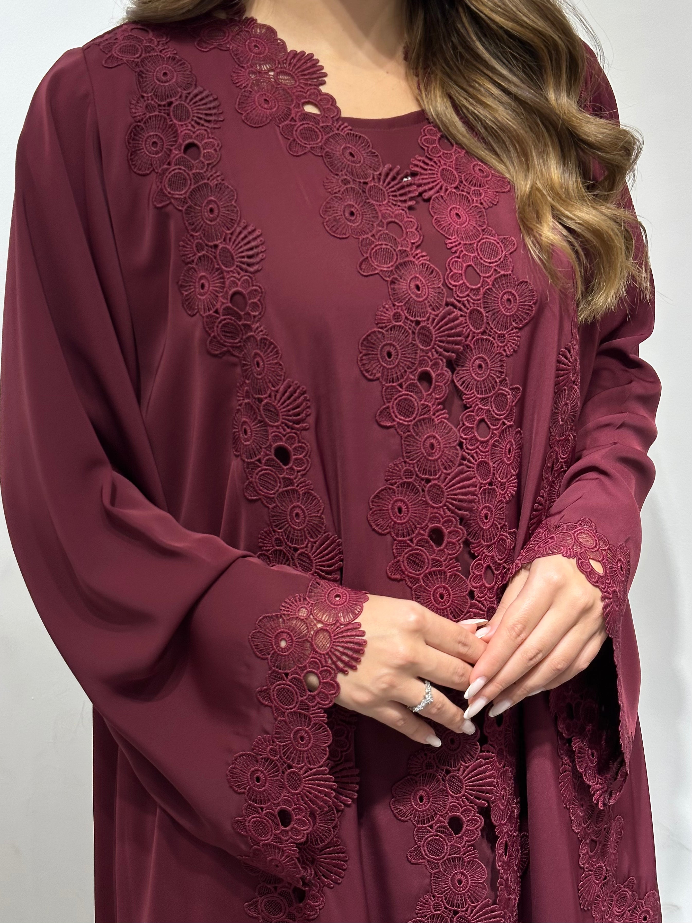 C 1599 Burgundy Lace Abaya