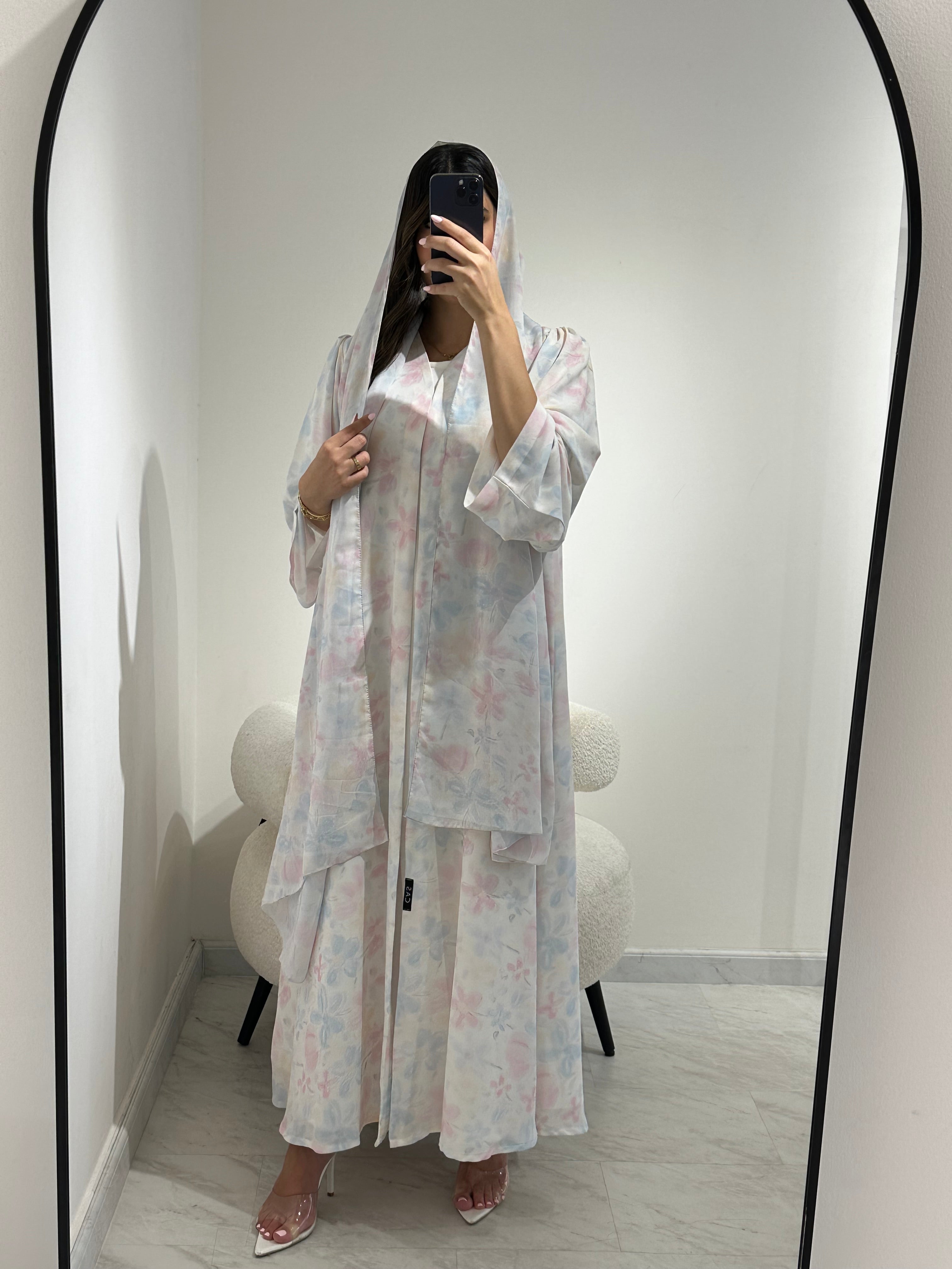 C 1366 White Floral Mist Printed Abaya