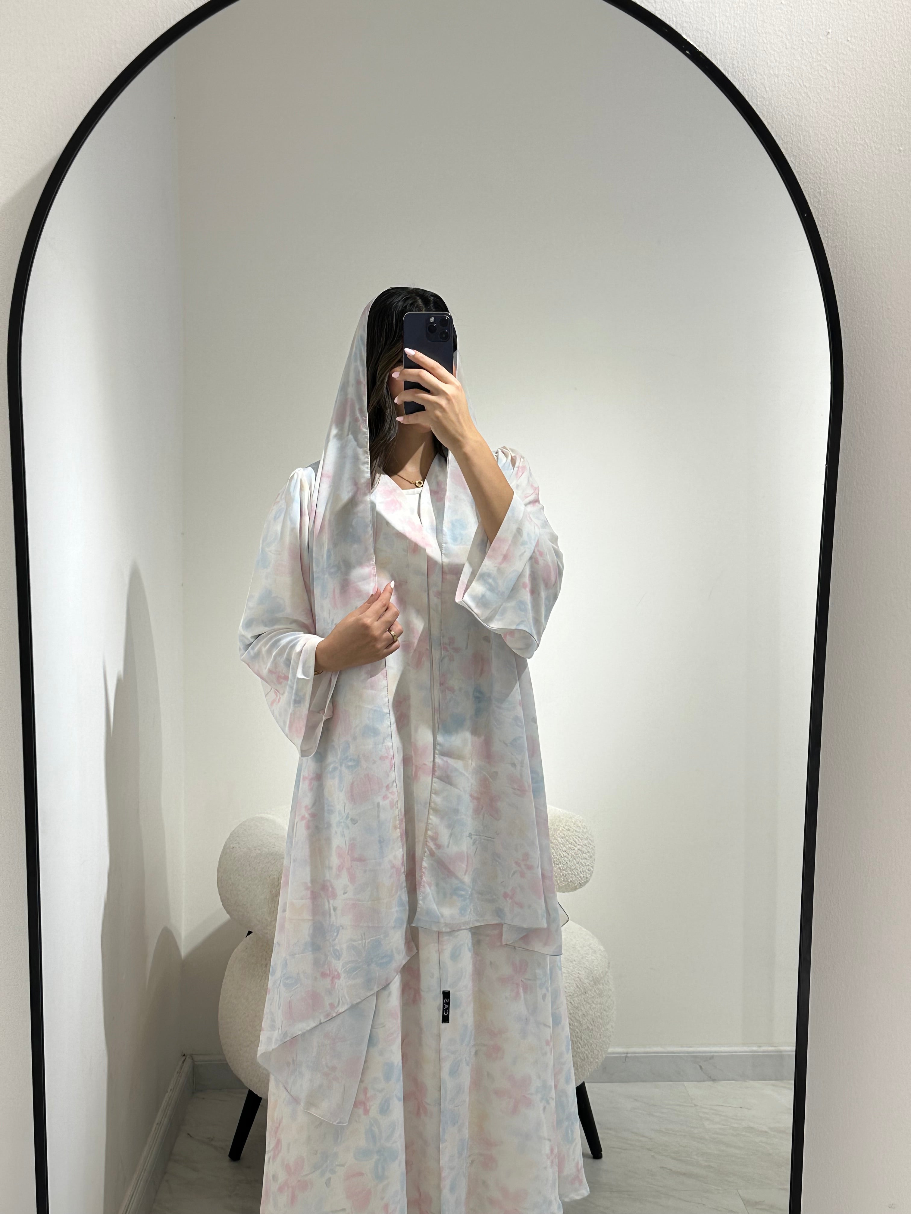 C 1366 White Floral Mist Printed Abaya