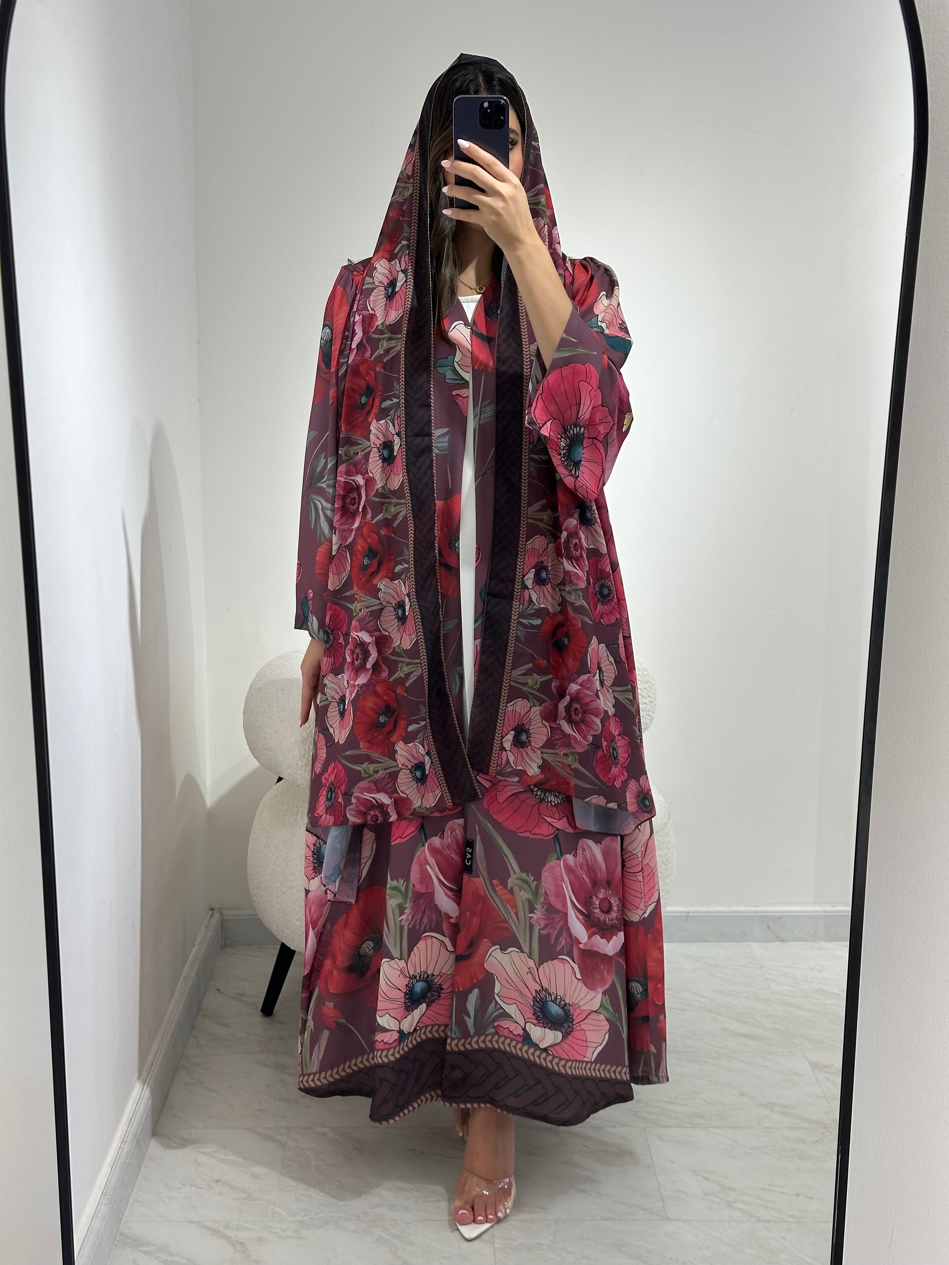 C 1370 Rouge Hibiscus Printed Abaya