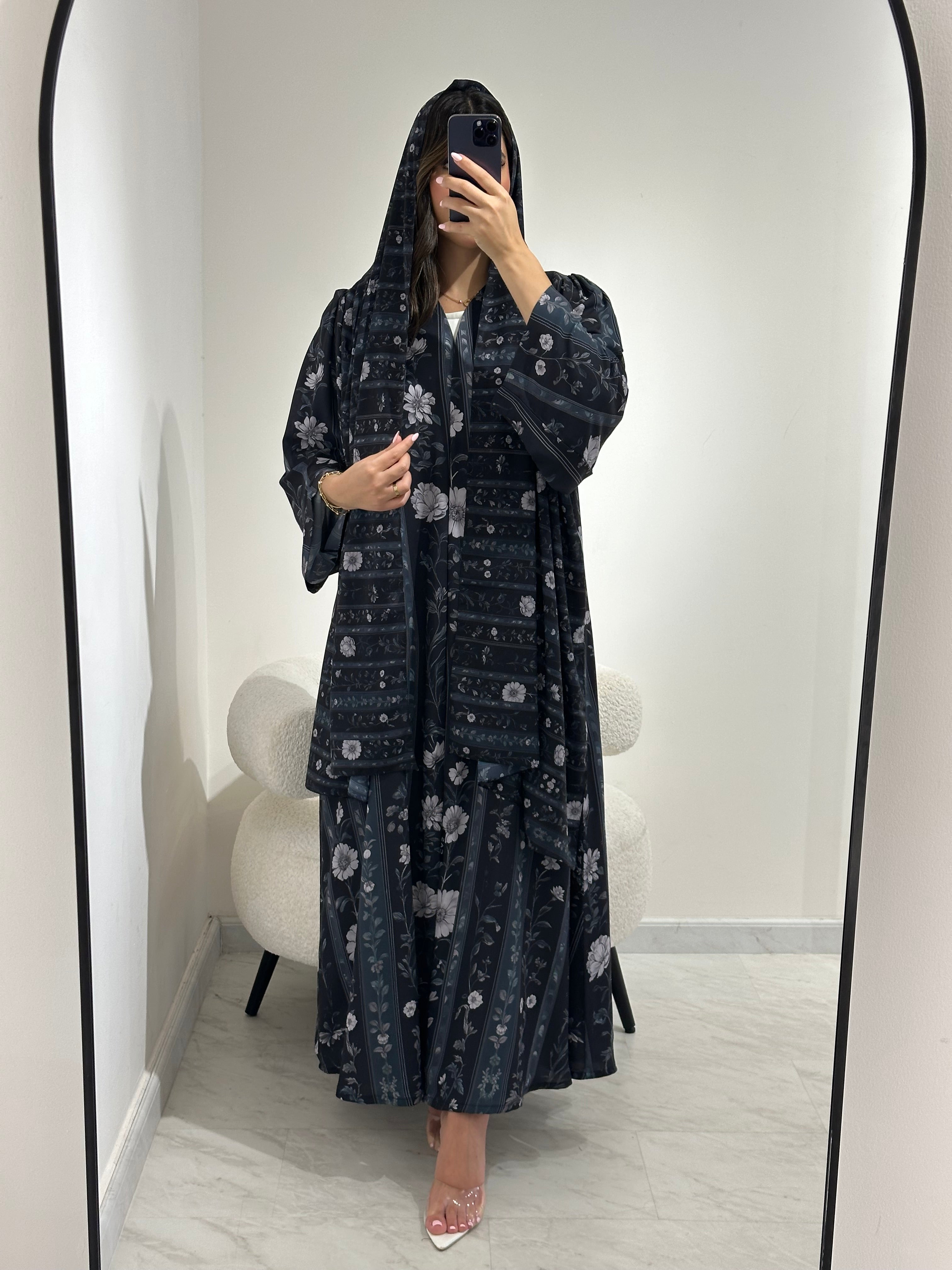 C 1373 Dark Grey Floral Abaya