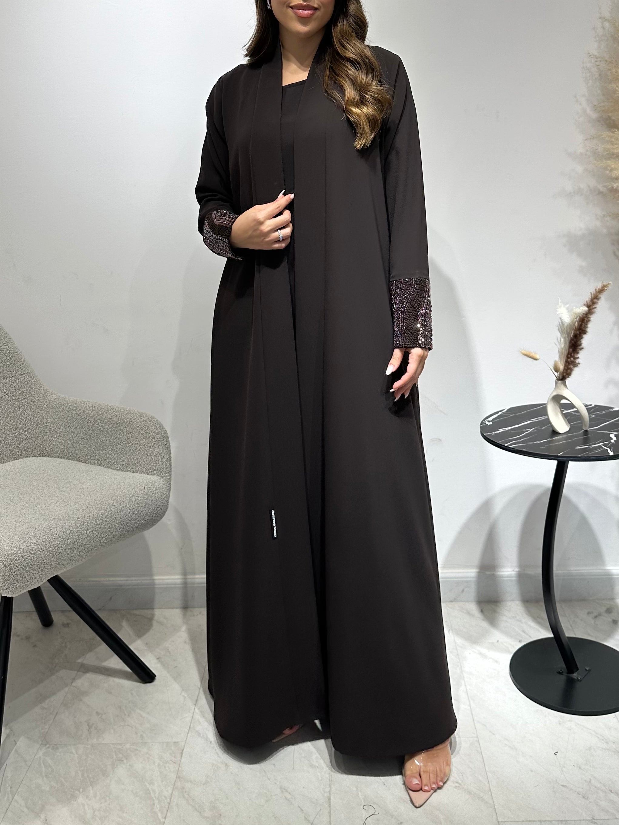 C 1551-03 Dark Brown Beaded Abaya