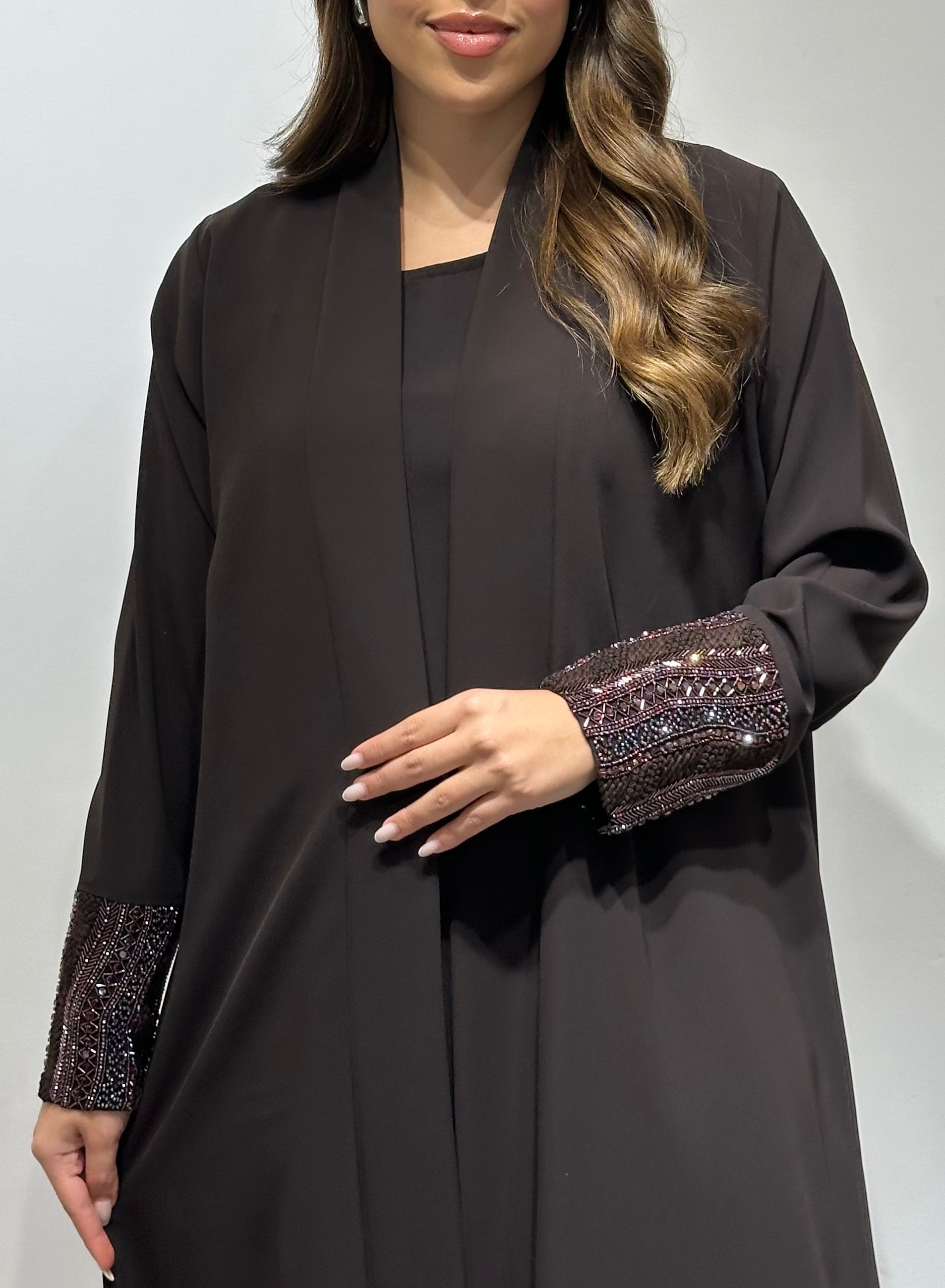 C 1551-03 Dark Brown Beaded Abaya