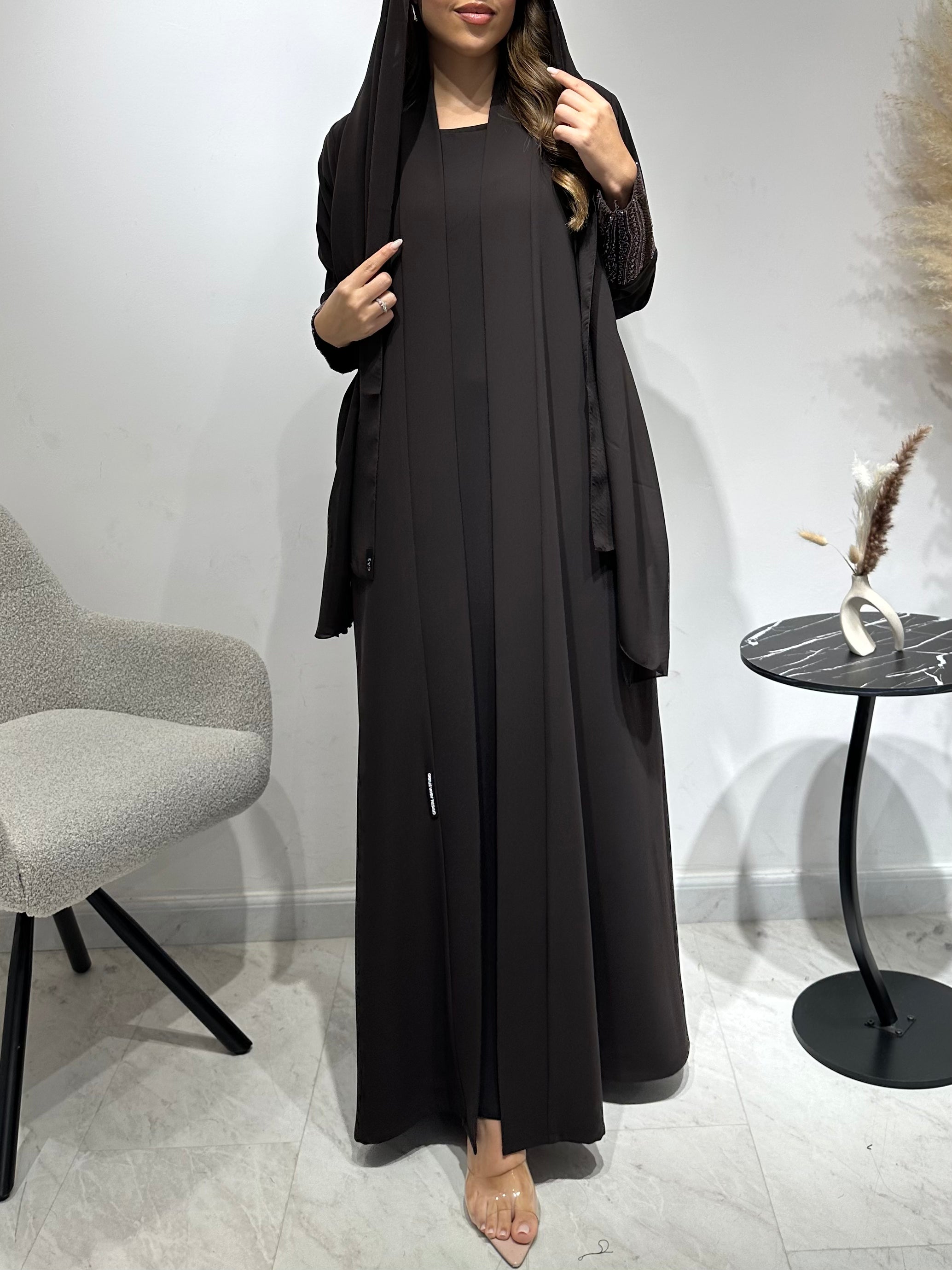 C 1551-03 Dark Brown Beaded Abaya
