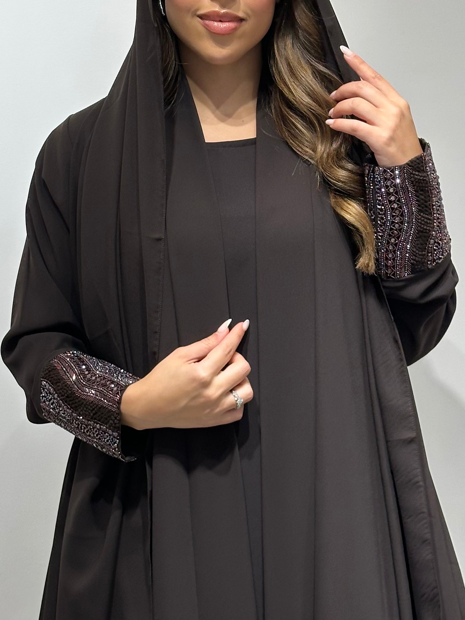 C 1551-03 Dark Brown Beaded Abaya