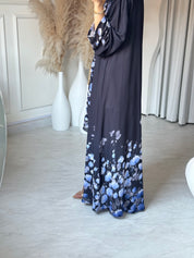 C 0665 Black Grey Floral Printed Abaya
