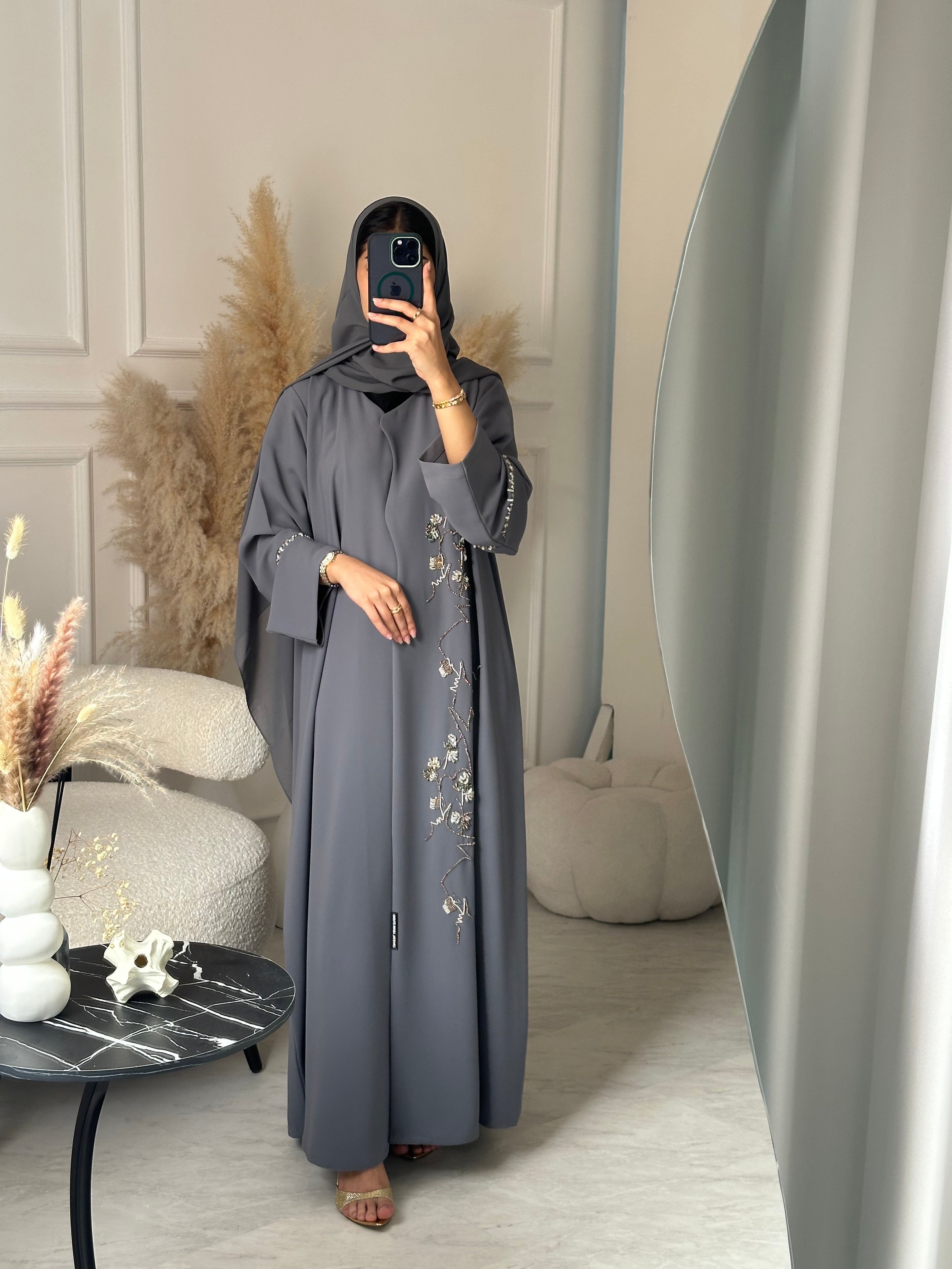 C 0927 Grey Beaded Eid Abaya