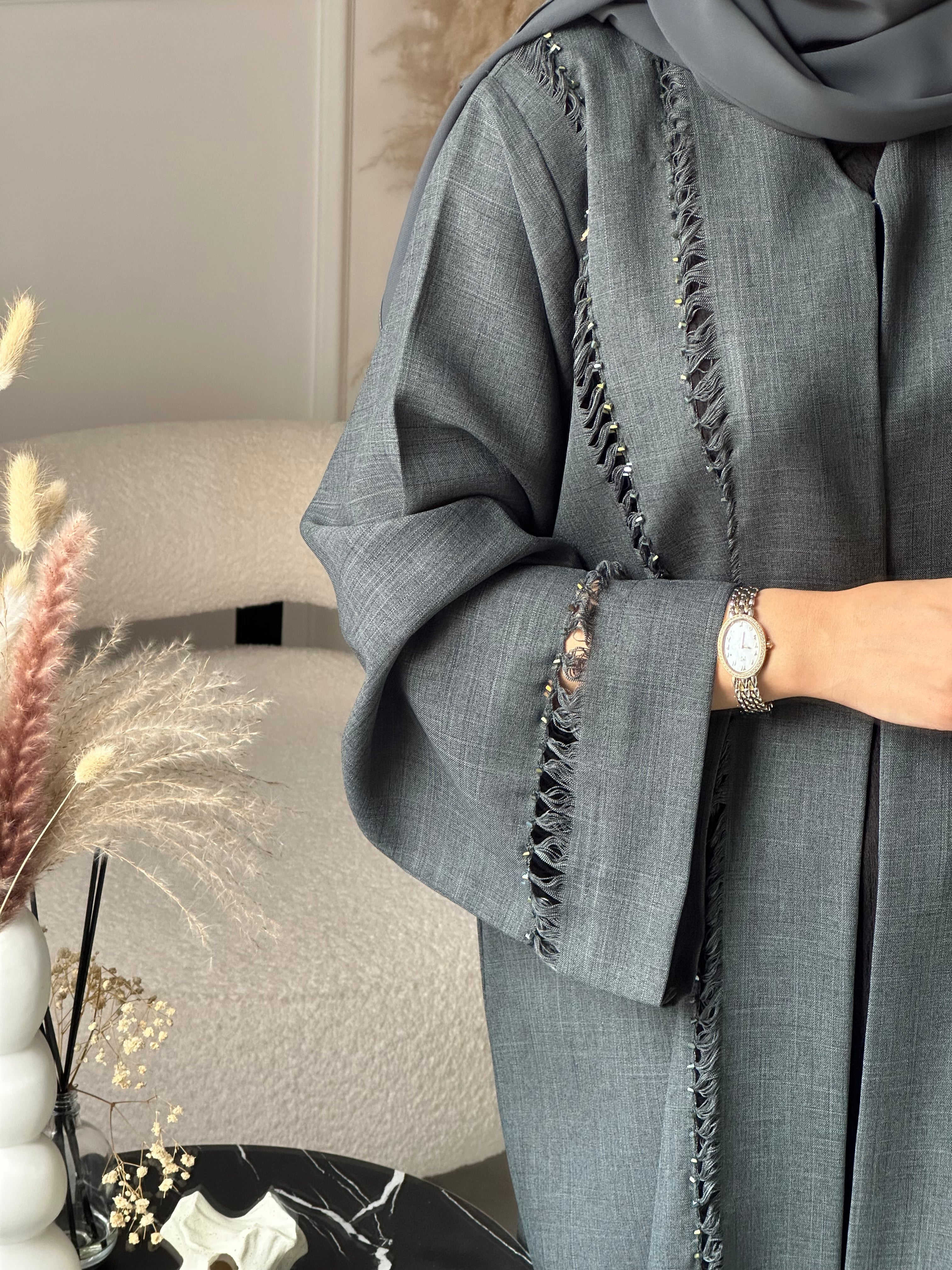 C 0930 Grey Beaded Eid Abaya