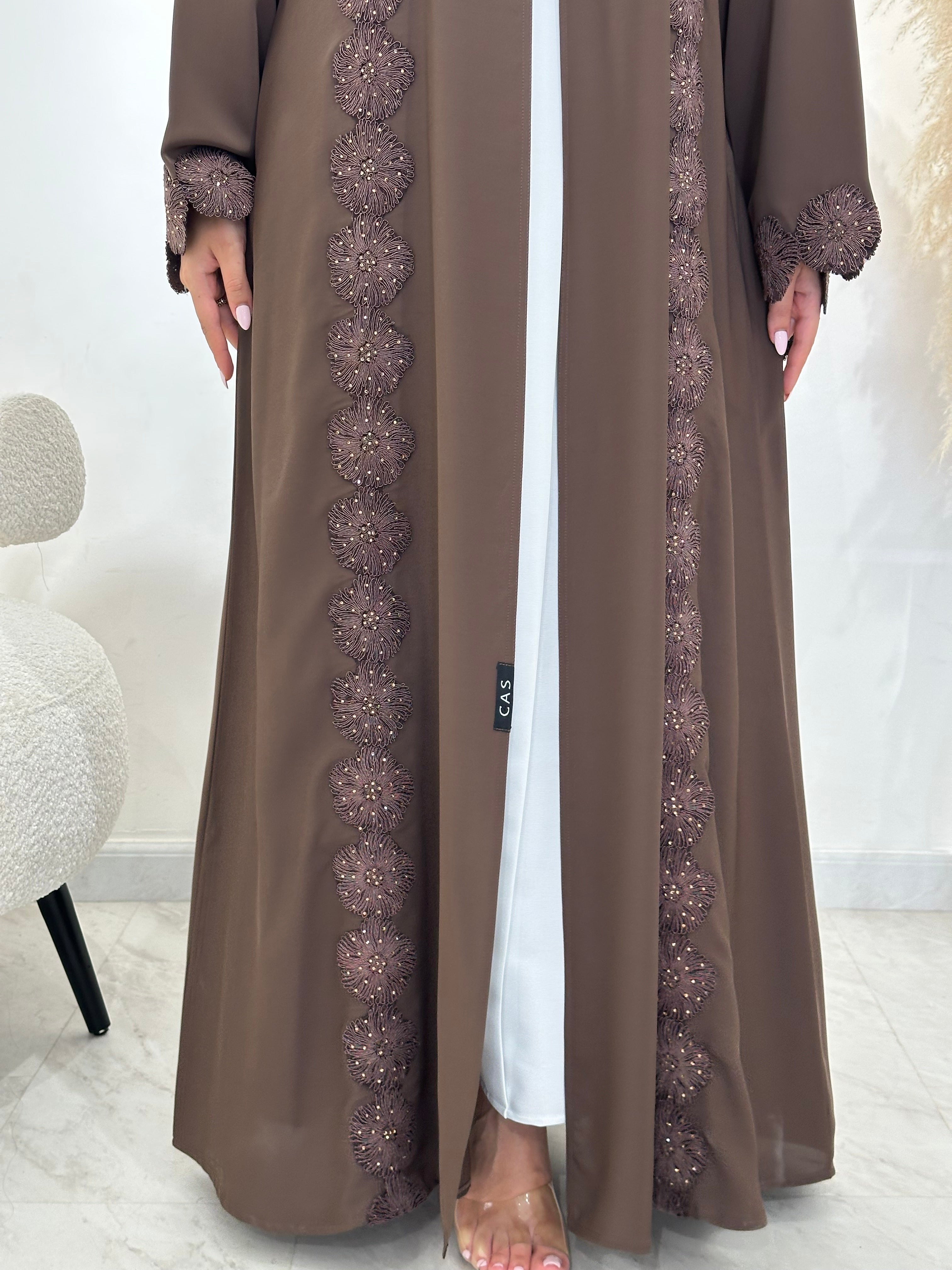C 1412 Brown Floral Lace Abaya