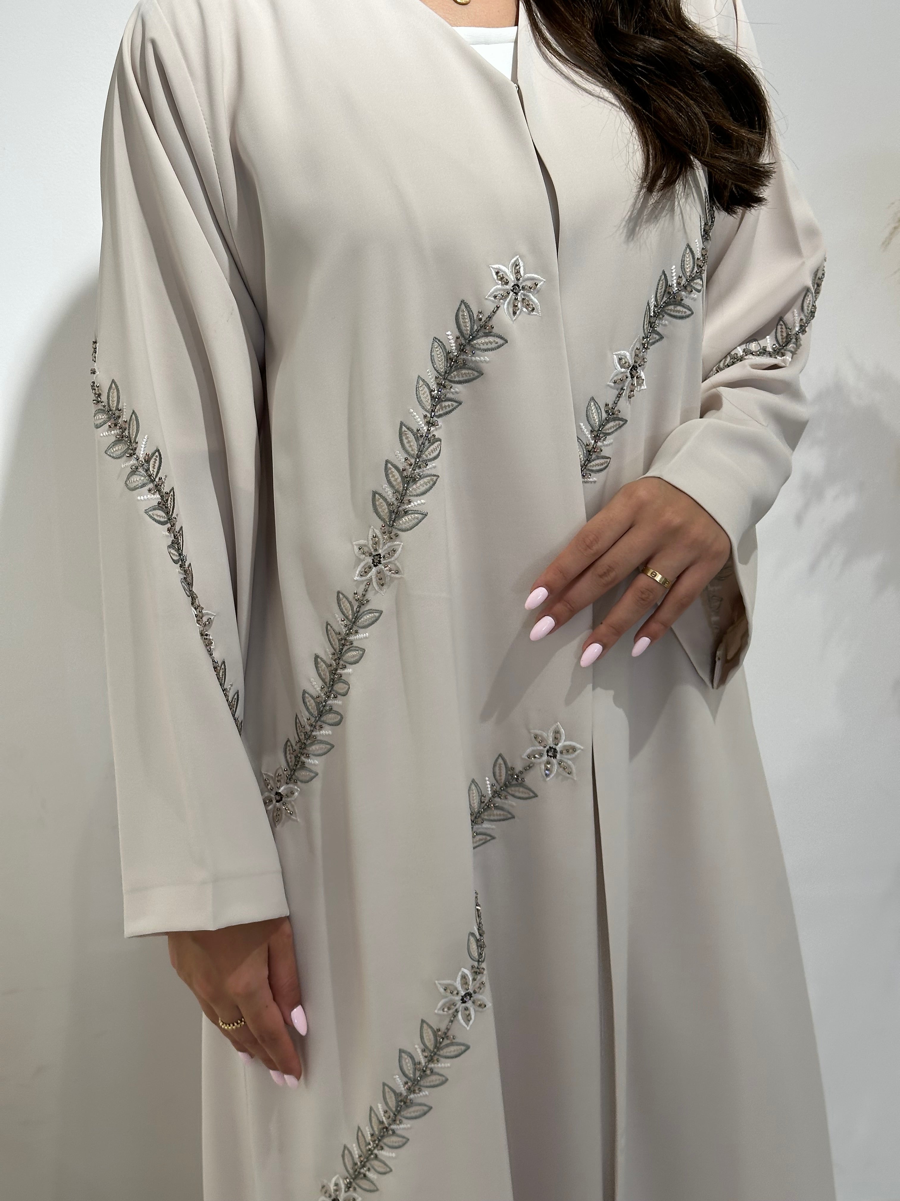 C 1411 Ivory Floral Beaded Abaya