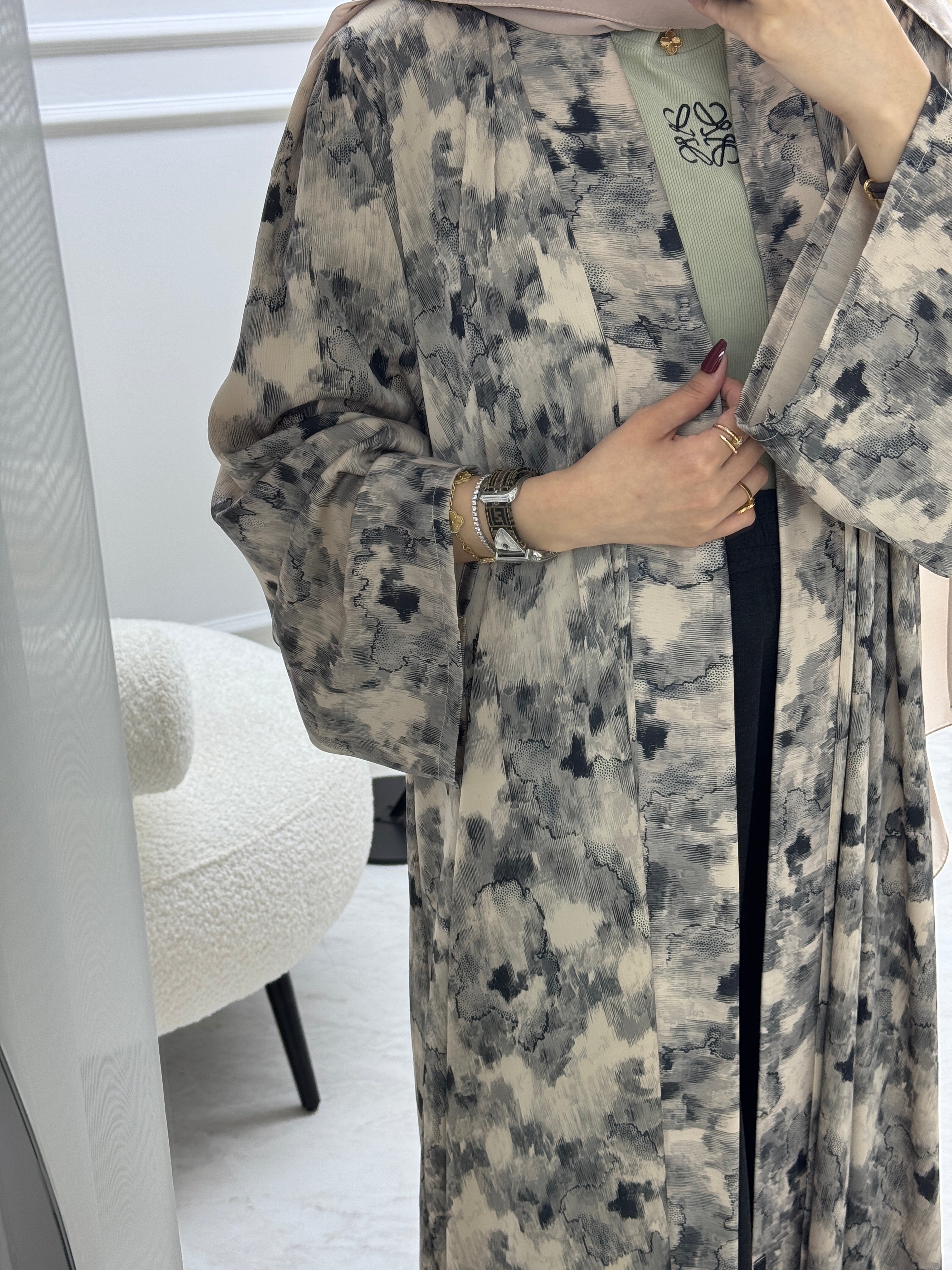 C 1007-03 Cream Printed Abaya