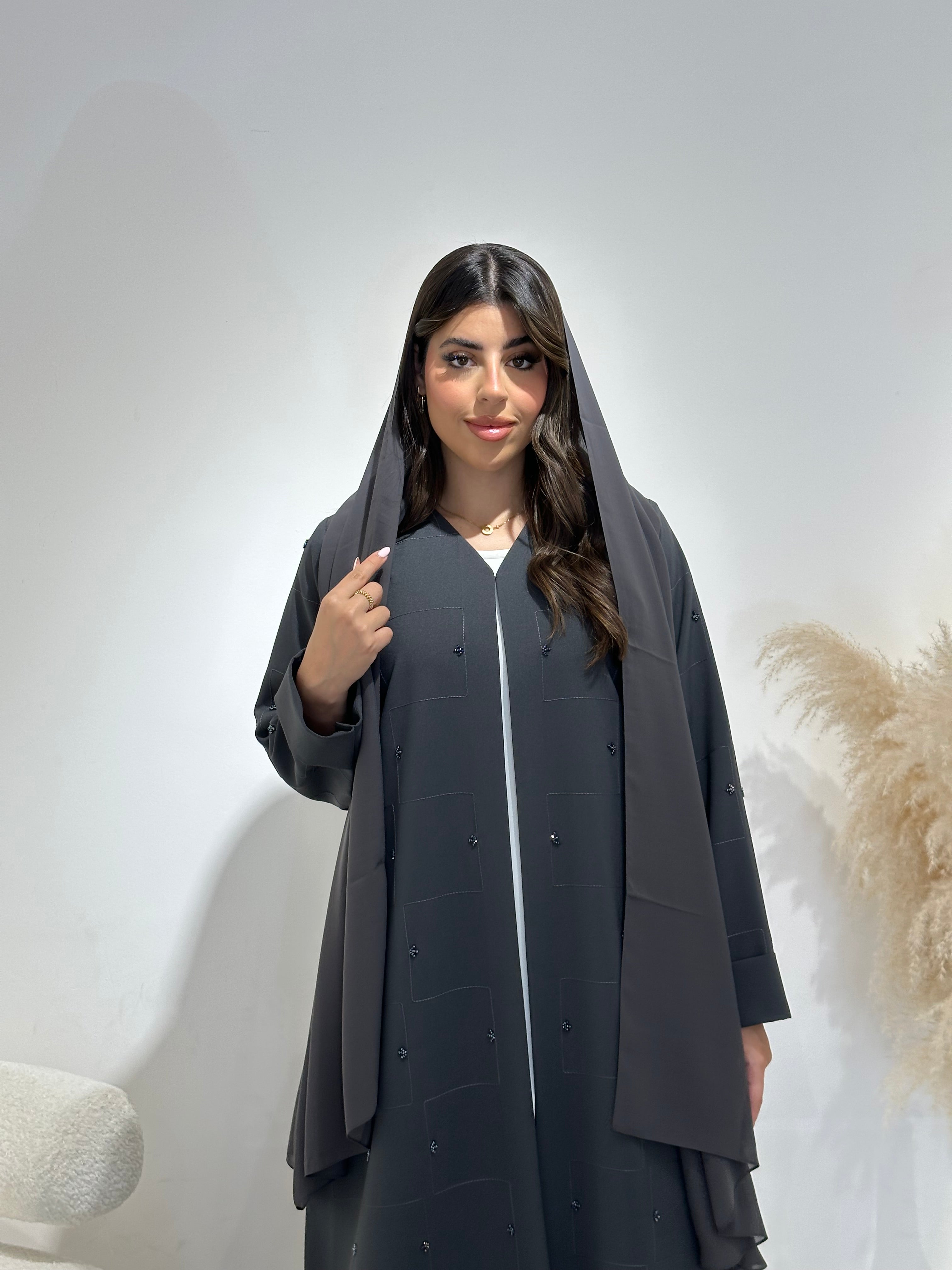 C 1402 Dark Grey Beaded Abaya