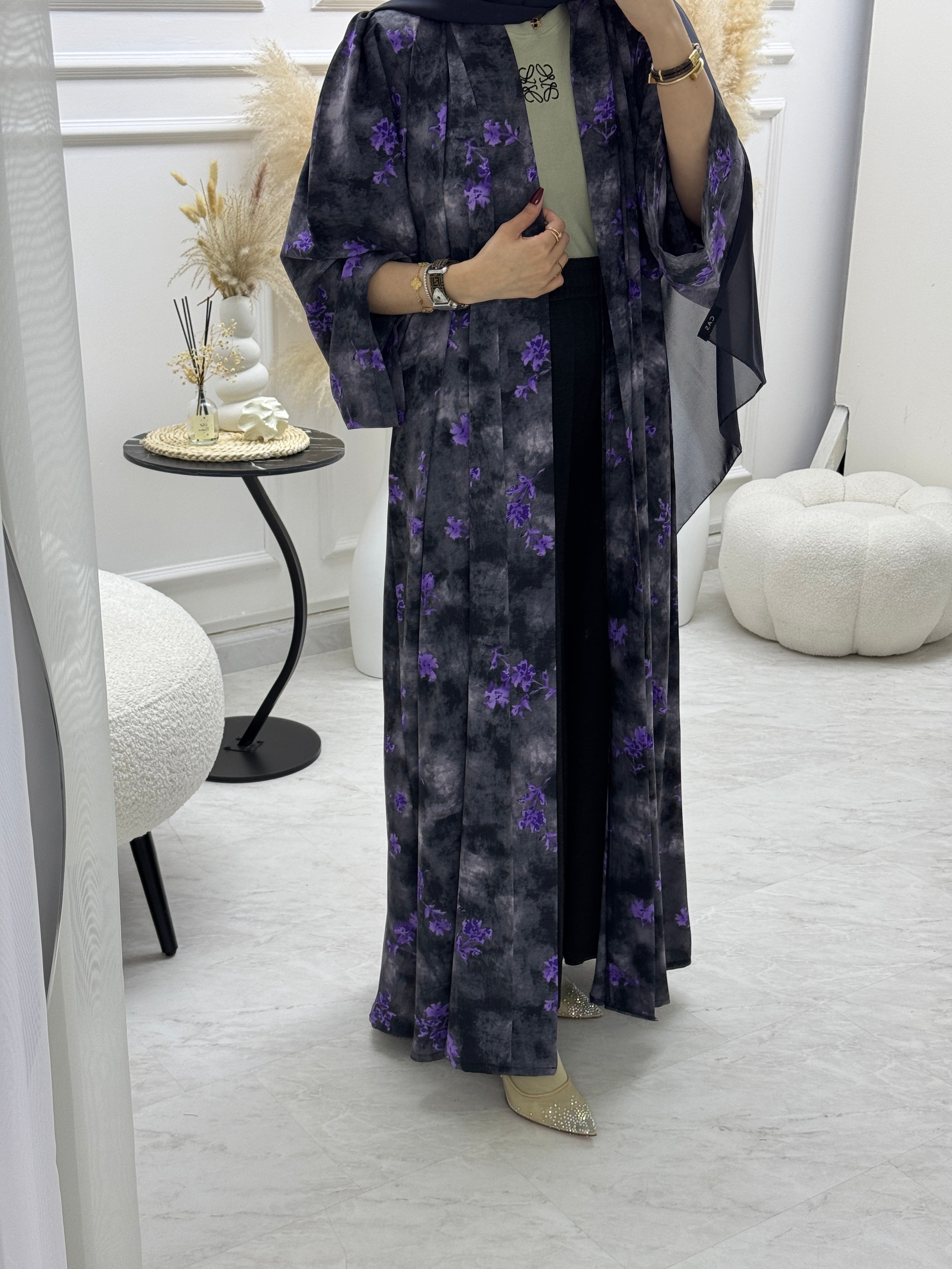 C 1003-01 Black Purple Printed Abaya