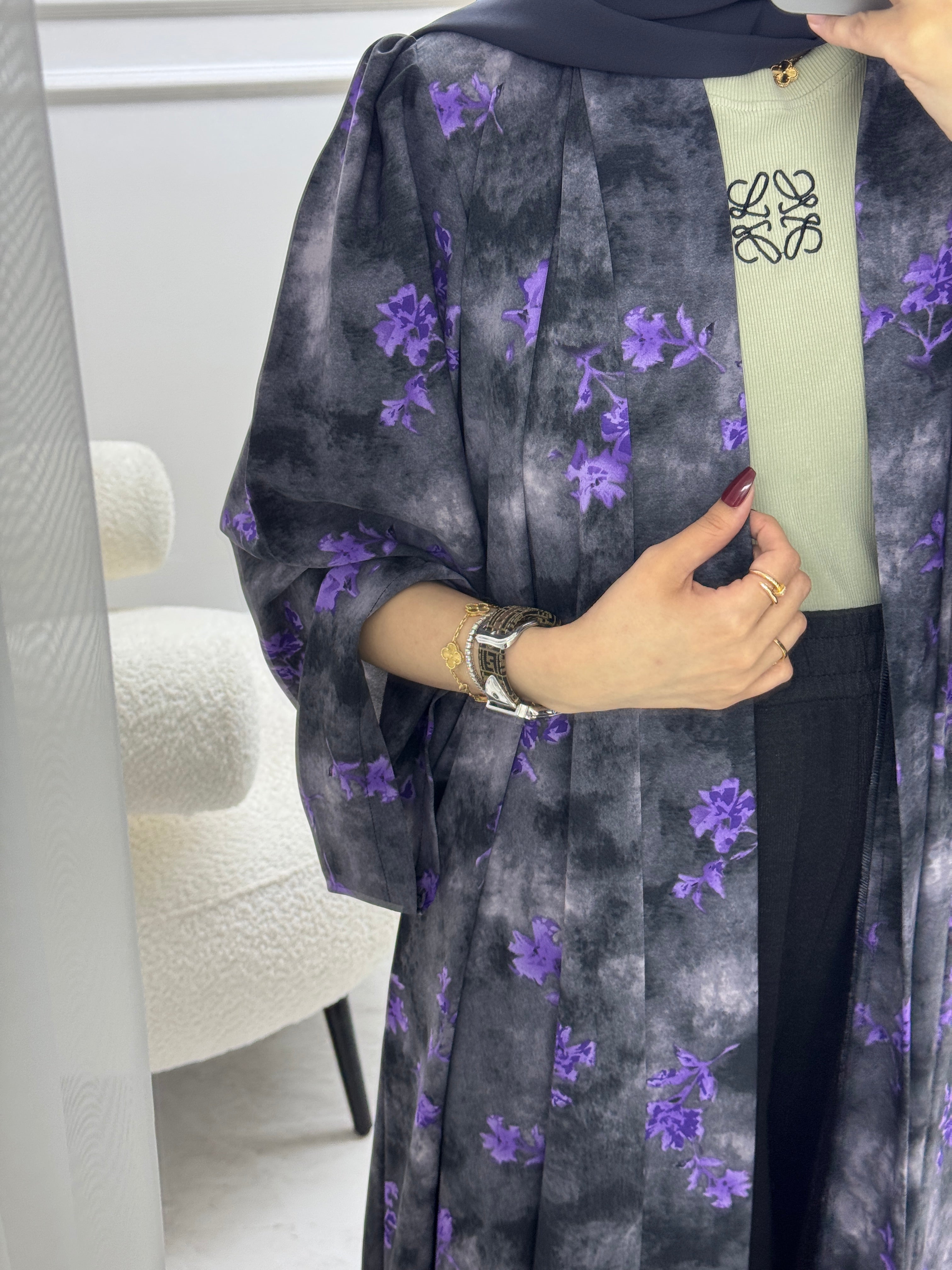 C 1003-01 Black Purple Printed Abaya