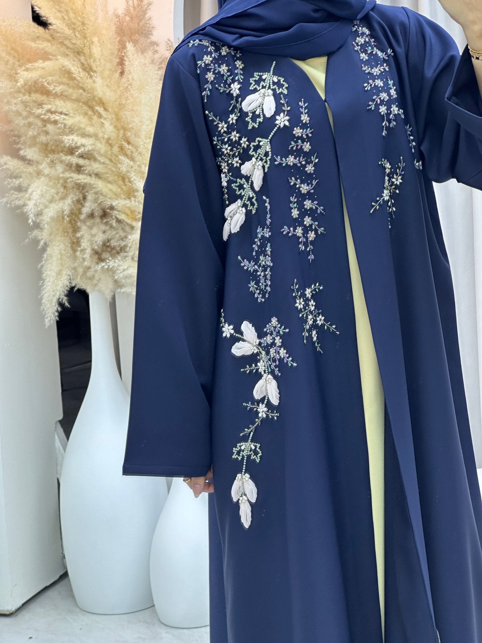 Navy Cotton Abaya with Light Blue Embroidery