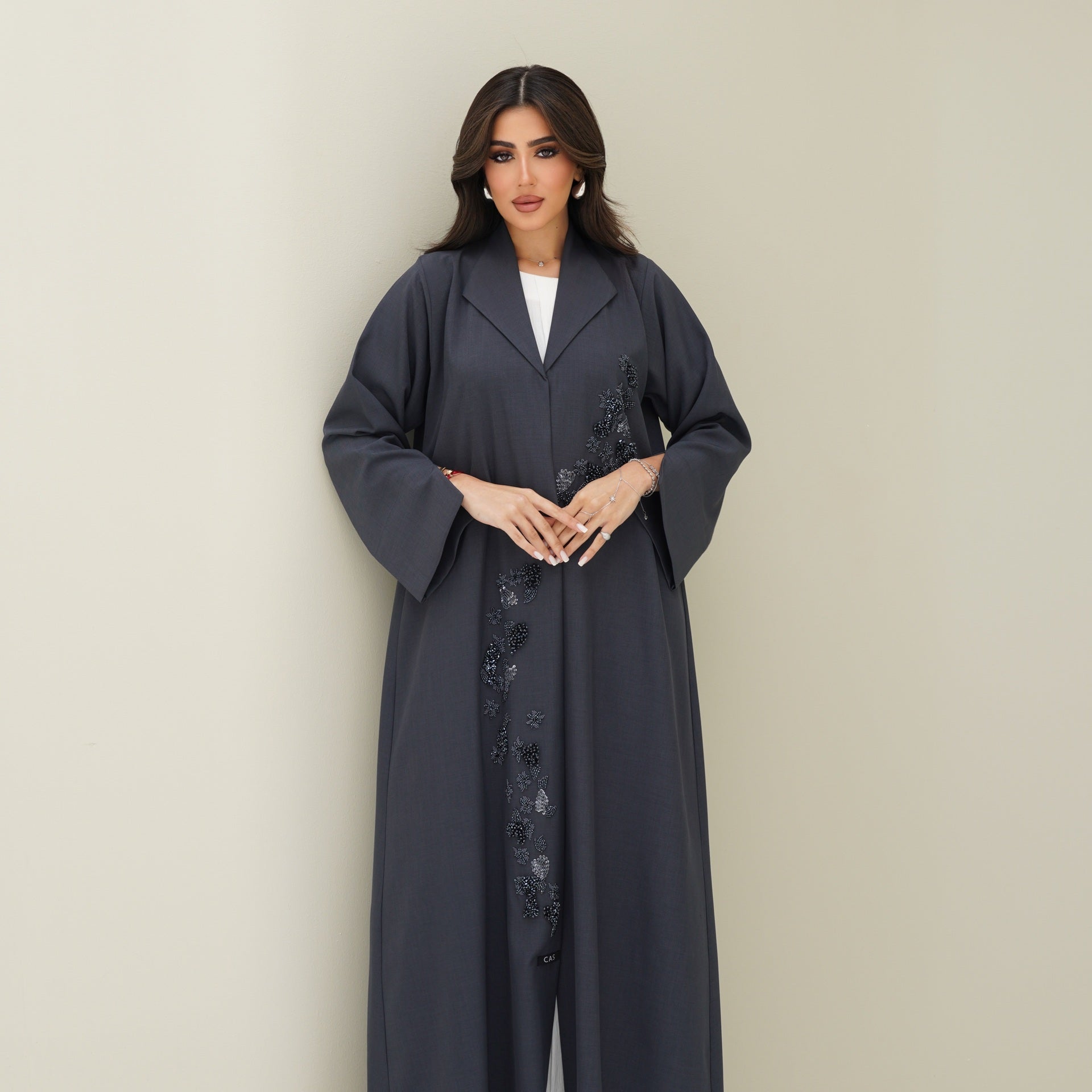 C 0773 Dark Grey Beaded Coat Abaya