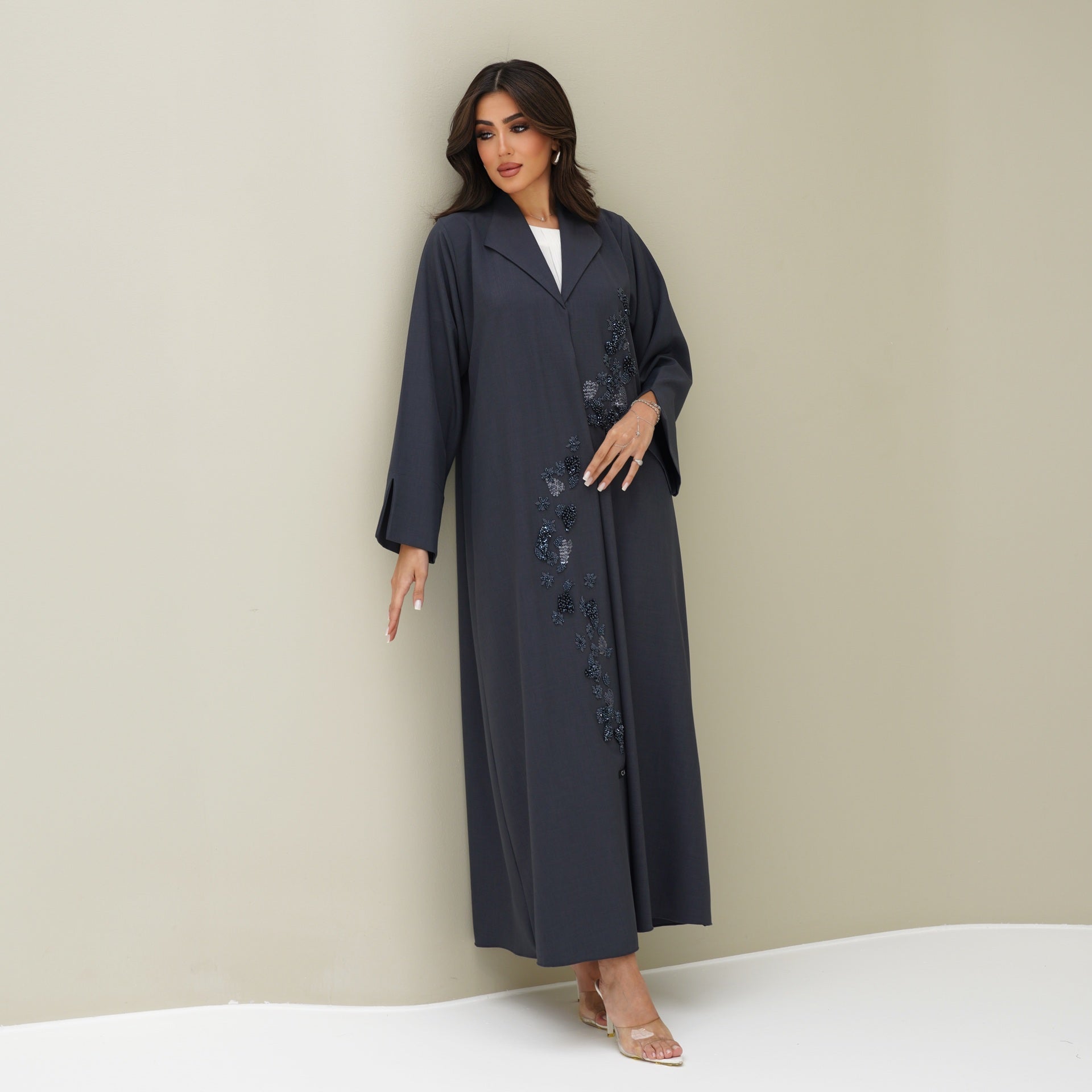 C 0773 Dark Grey Beaded Coat Abaya