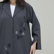 C 0773 Dark Grey Beaded Coat Abaya
