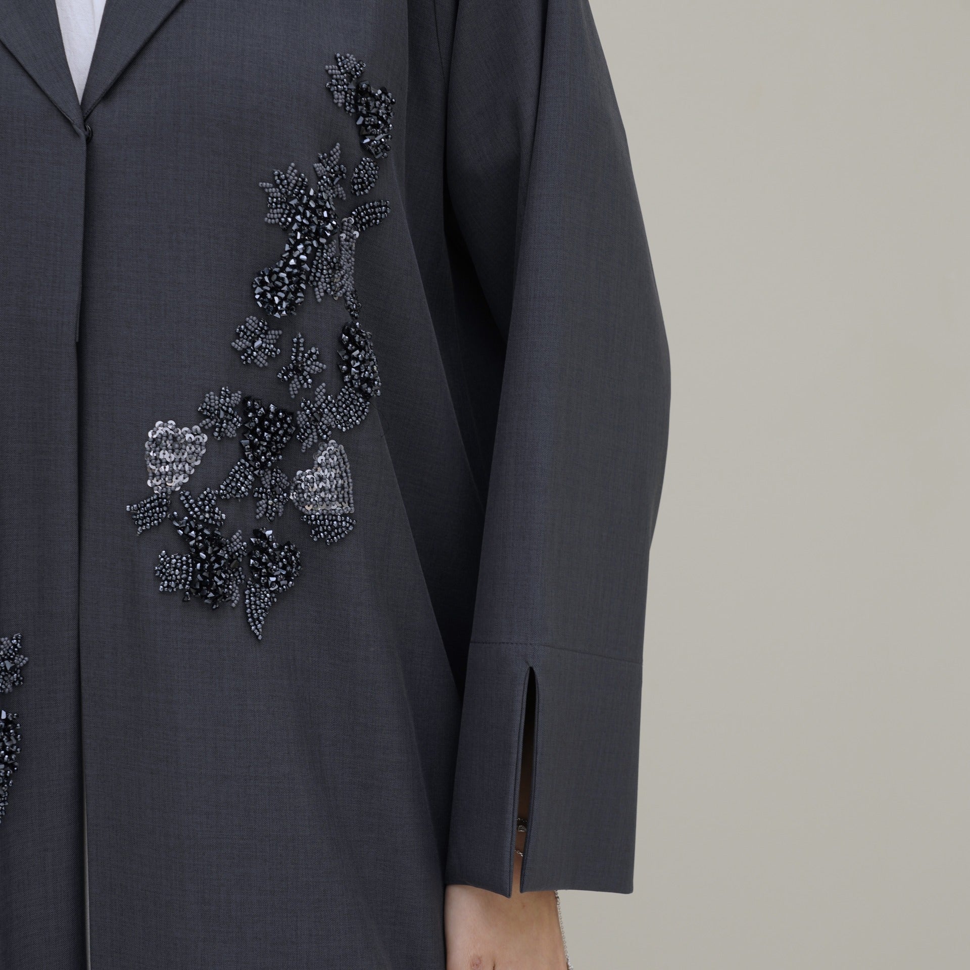 C 0773 Dark Grey Beaded Coat Abaya