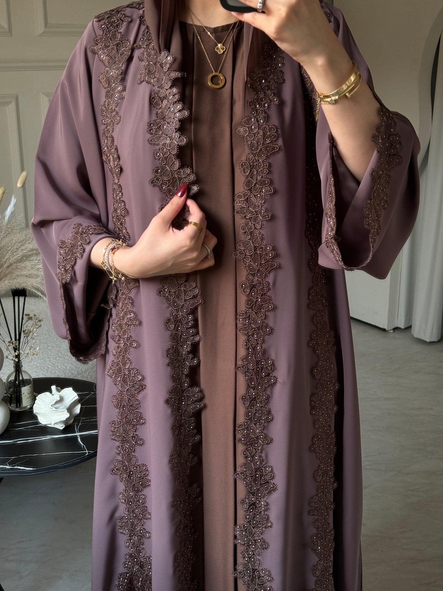 C 0775 - 02 Chocolate Brown Butterfly Lace Abaya