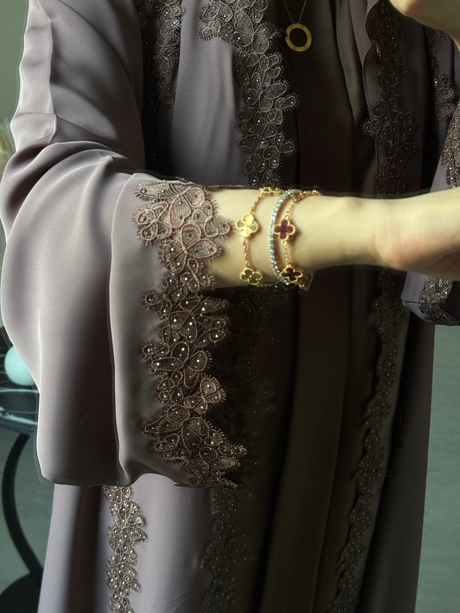 C 0775 - 02 Chocolate Brown Butterfly Lace Abaya