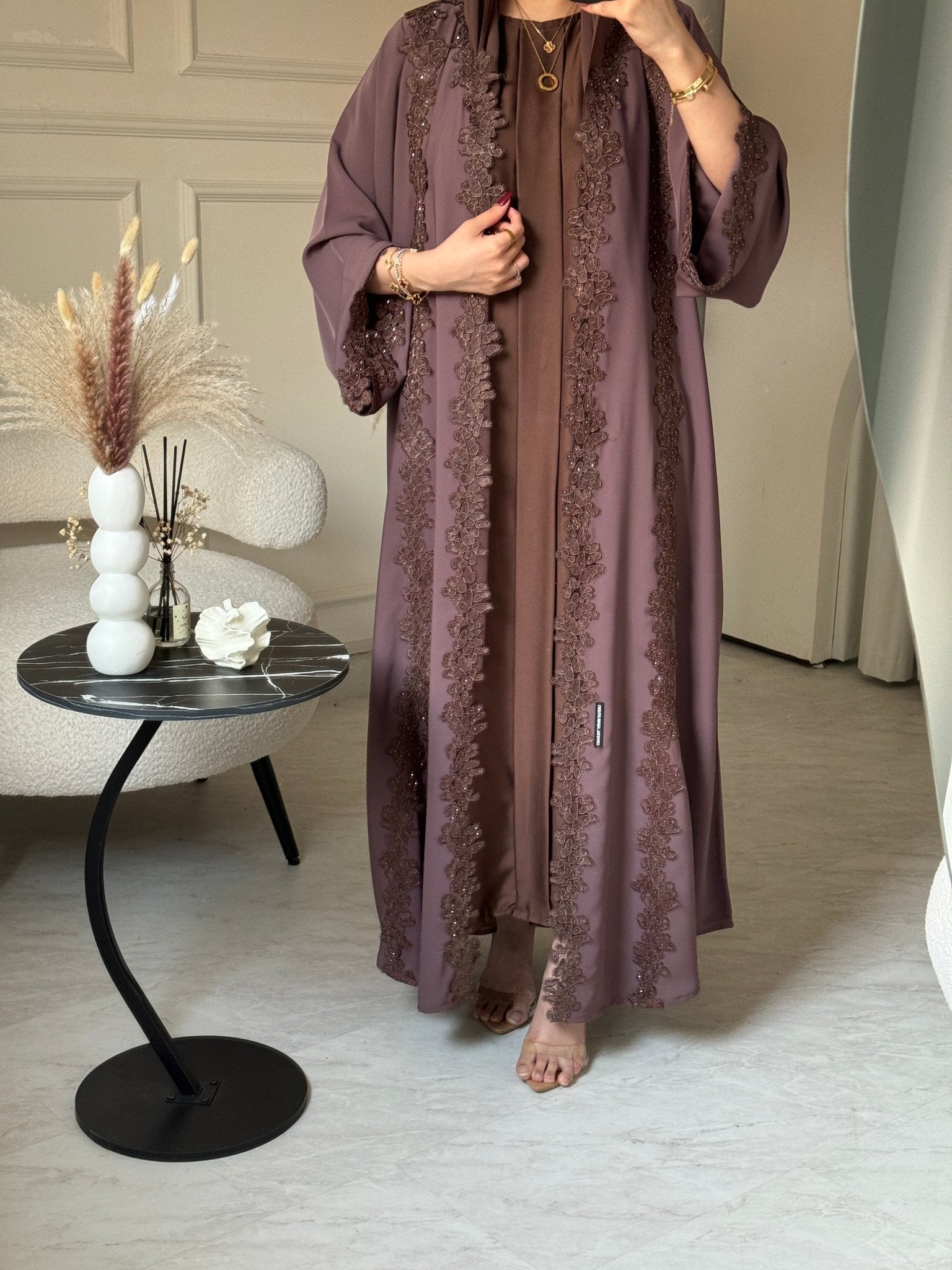 C 0775 - 02 Chocolate Brown Butterfly Lace Abaya