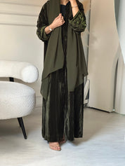 C 0803 Olive Velvet Beaded Abaya