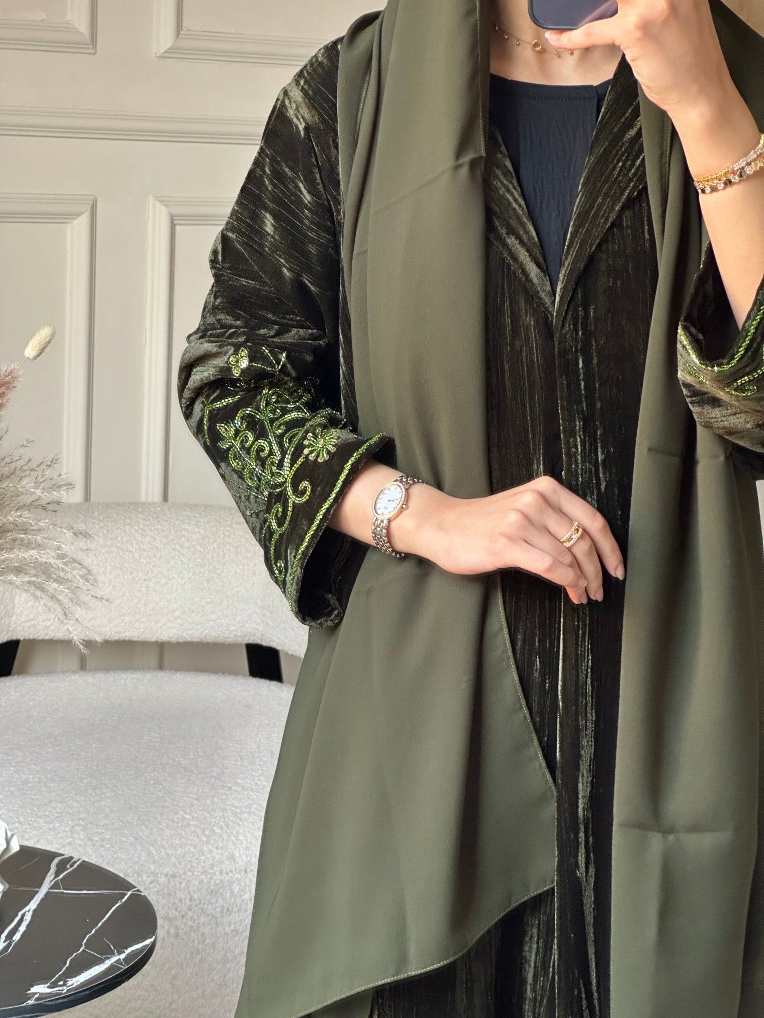 C 0803 Olive Velvet Beaded Abaya