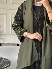 C 0803 Olive Velvet Beaded Abaya