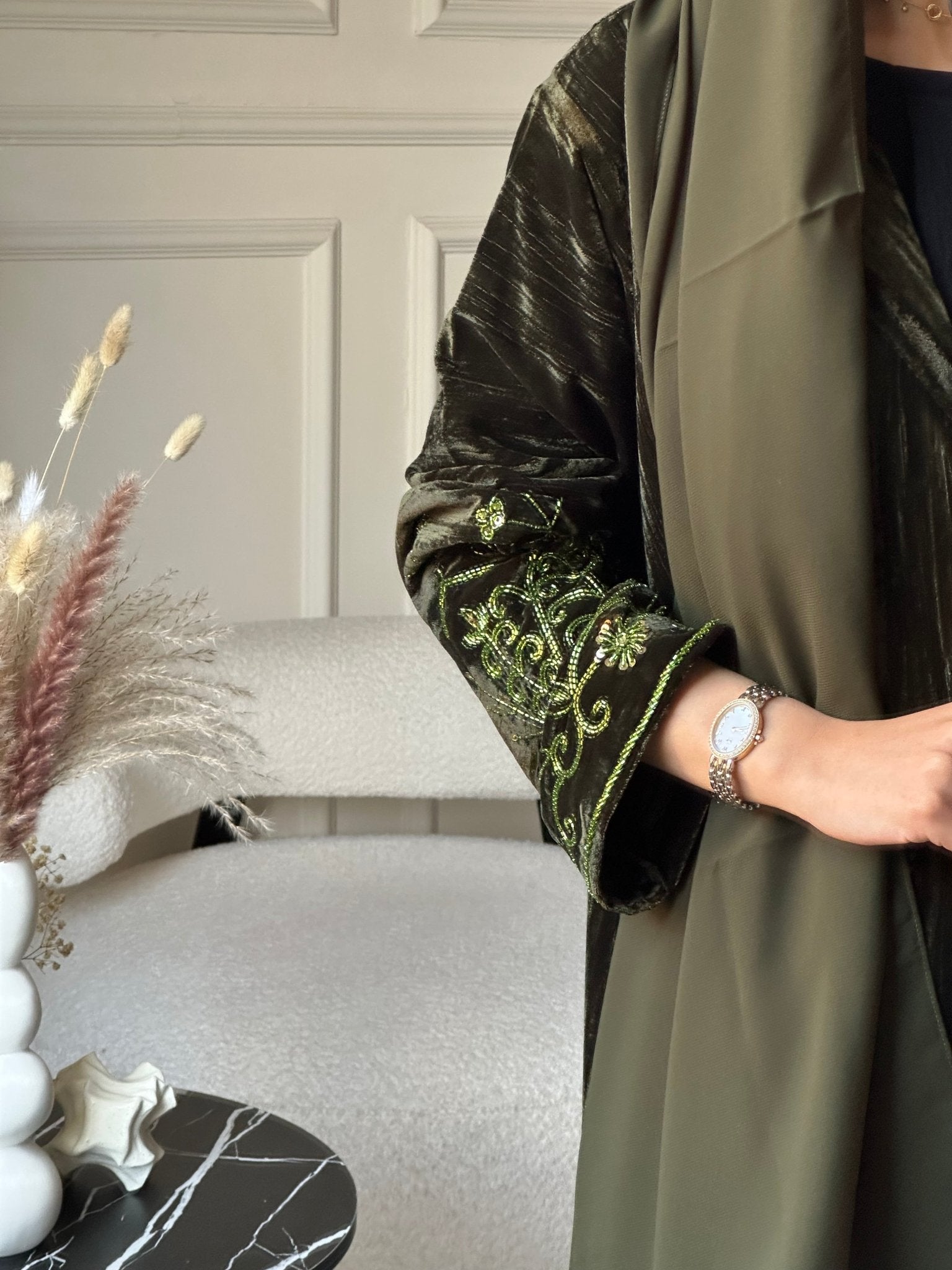 C 0803 Olive Velvet Beaded Abaya