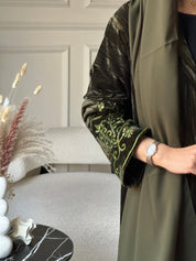 C 0803 Olive Velvet Beaded Abaya