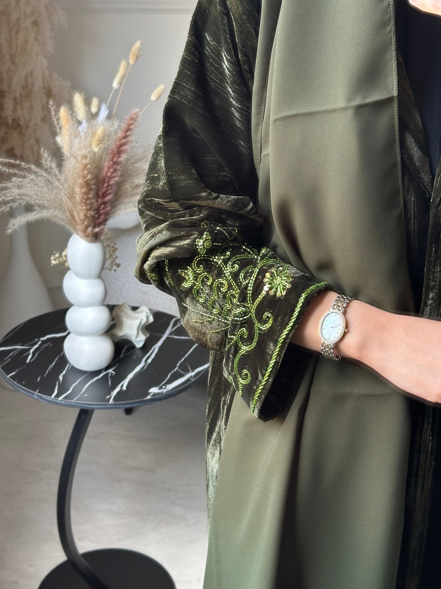 C 0803 Olive Velvet Beaded Abaya