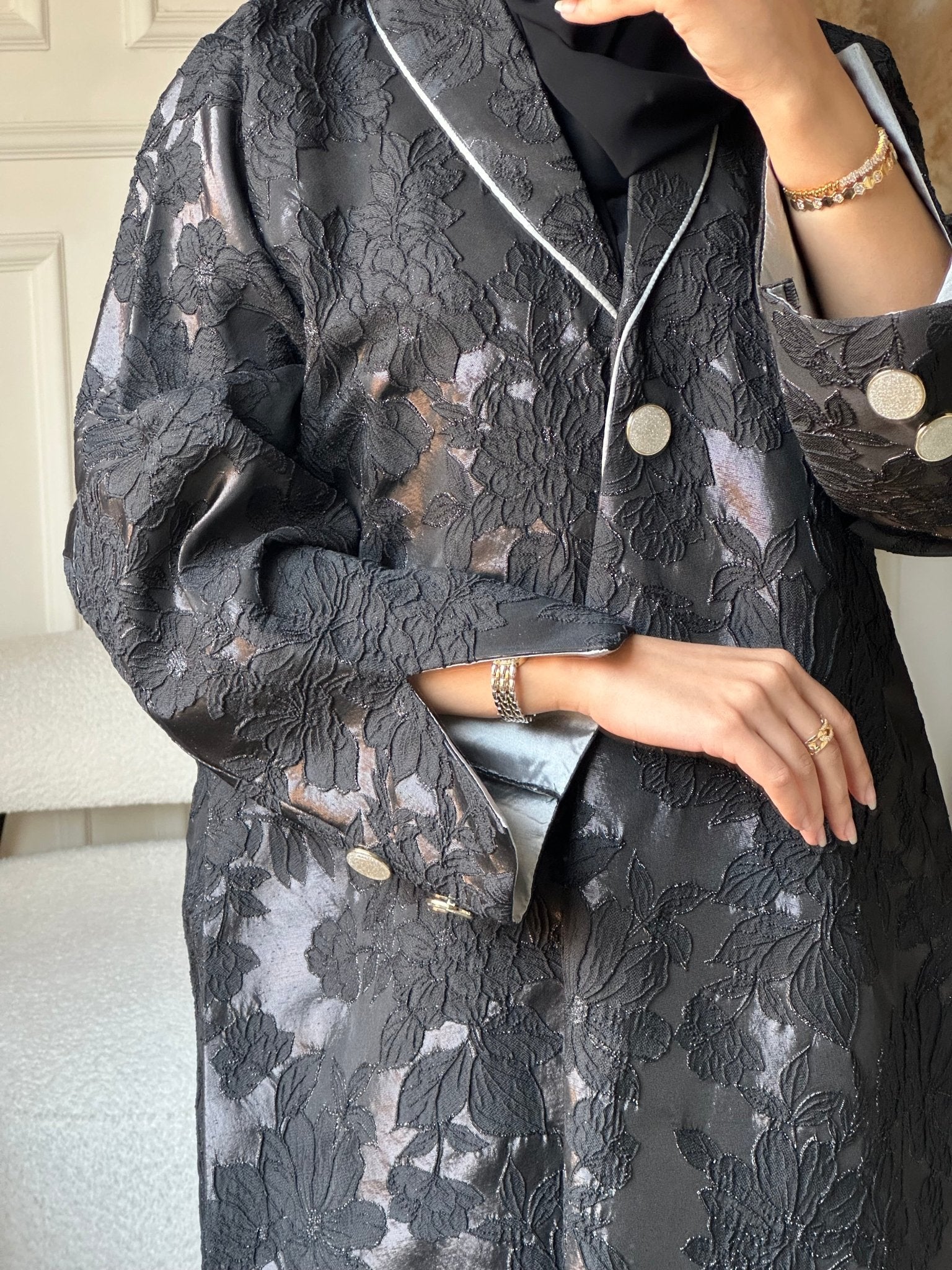 C 0807 Black Jacquard Coat Abaya