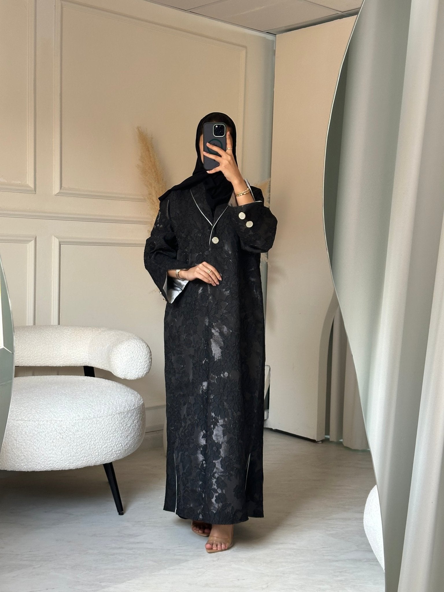 C 0807 Black Jacquard Coat Abaya