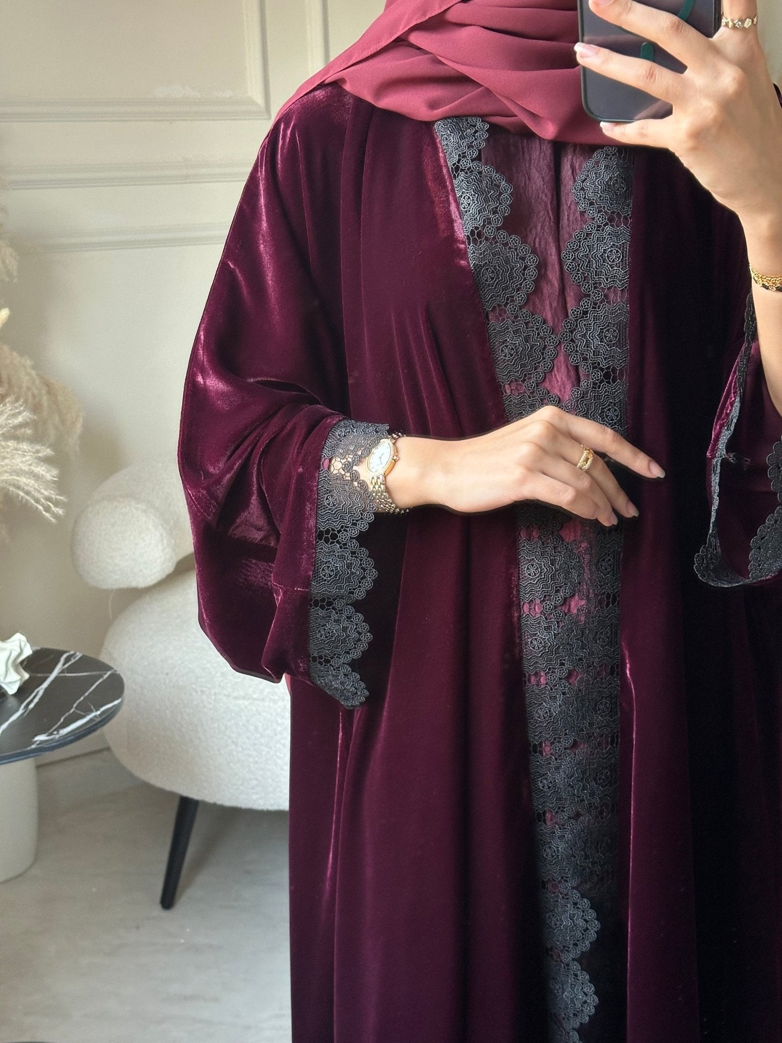C 0812 - 03 Burgundy Velvet Lace Abaya