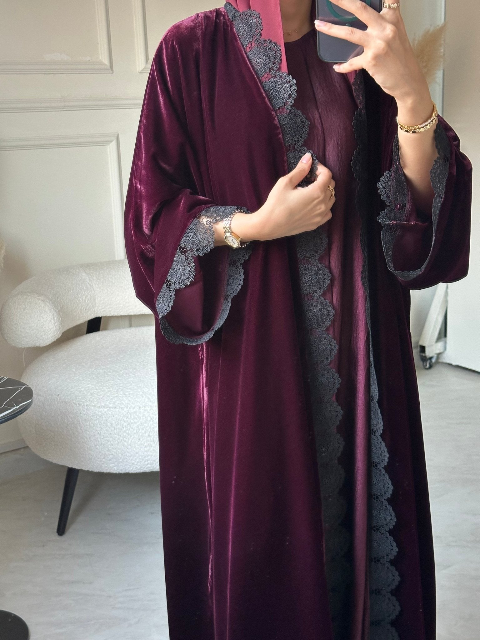 C 0812 - 03 Burgundy Velvet Lace Abaya