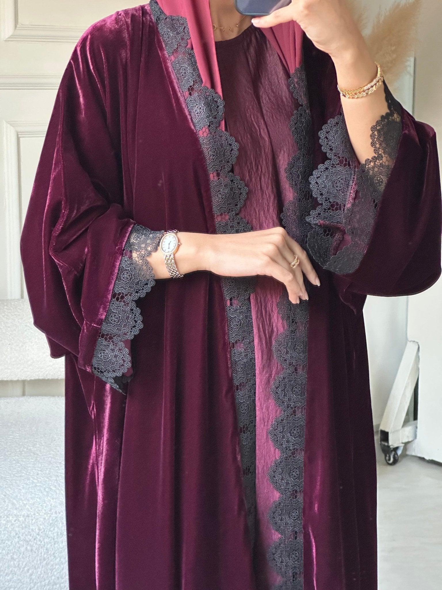 C 0812 - 03 Burgundy Velvet Lace Abaya