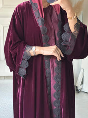 C 0812 - 03 Burgundy Velvet Lace Abaya