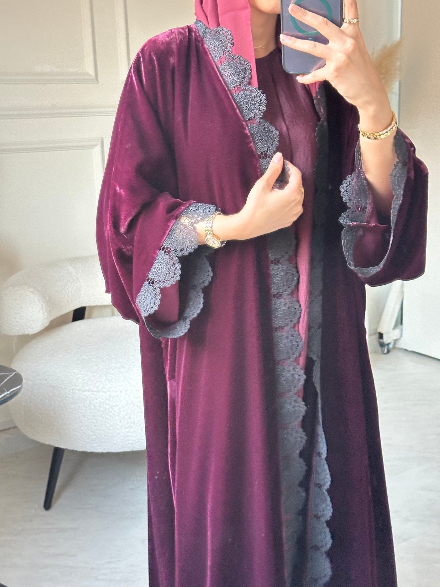 C 0812 - 03 Burgundy Velvet Lace Abaya