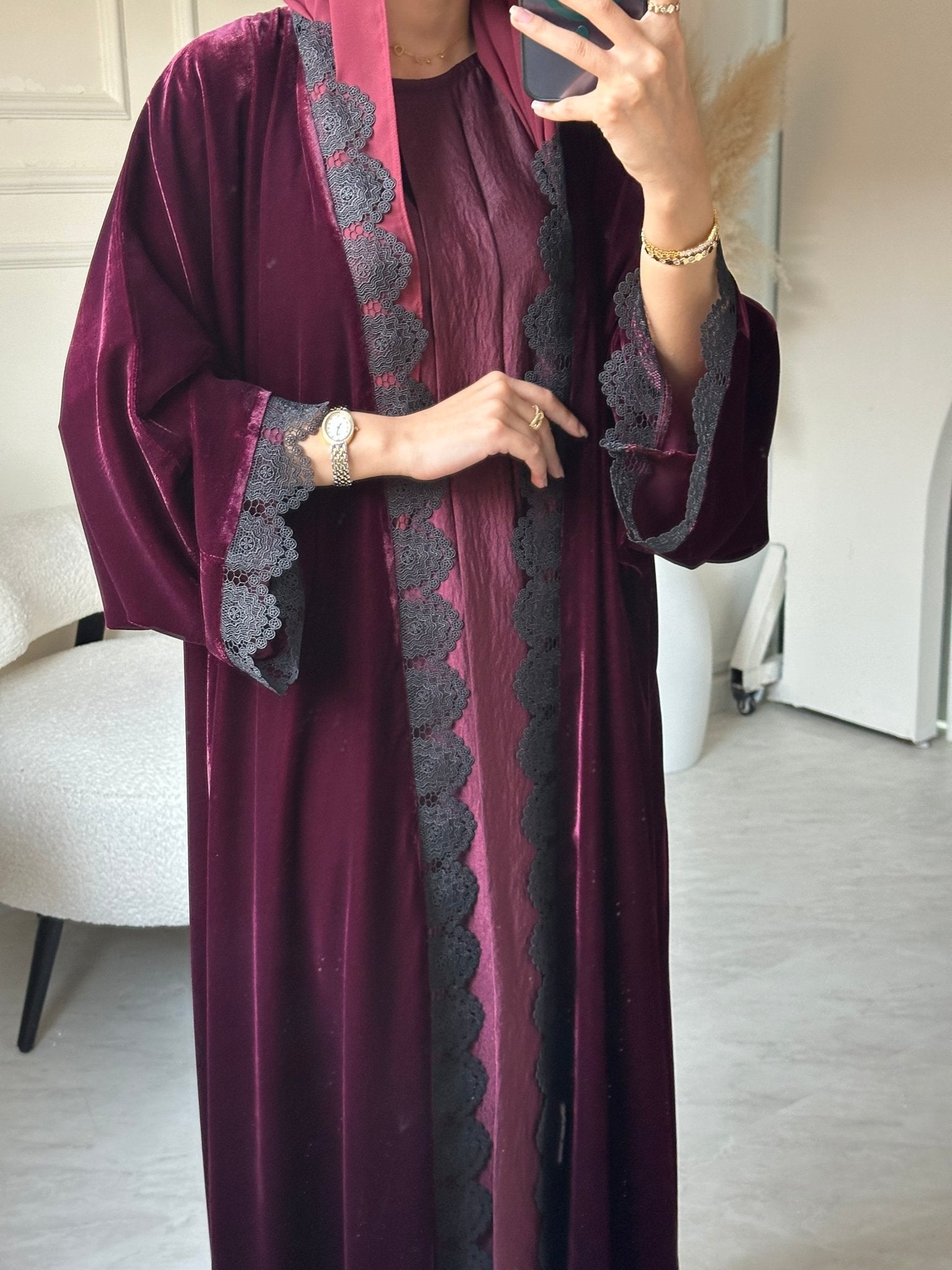 C 0812 - 03 Burgundy Velvet Lace Abaya
