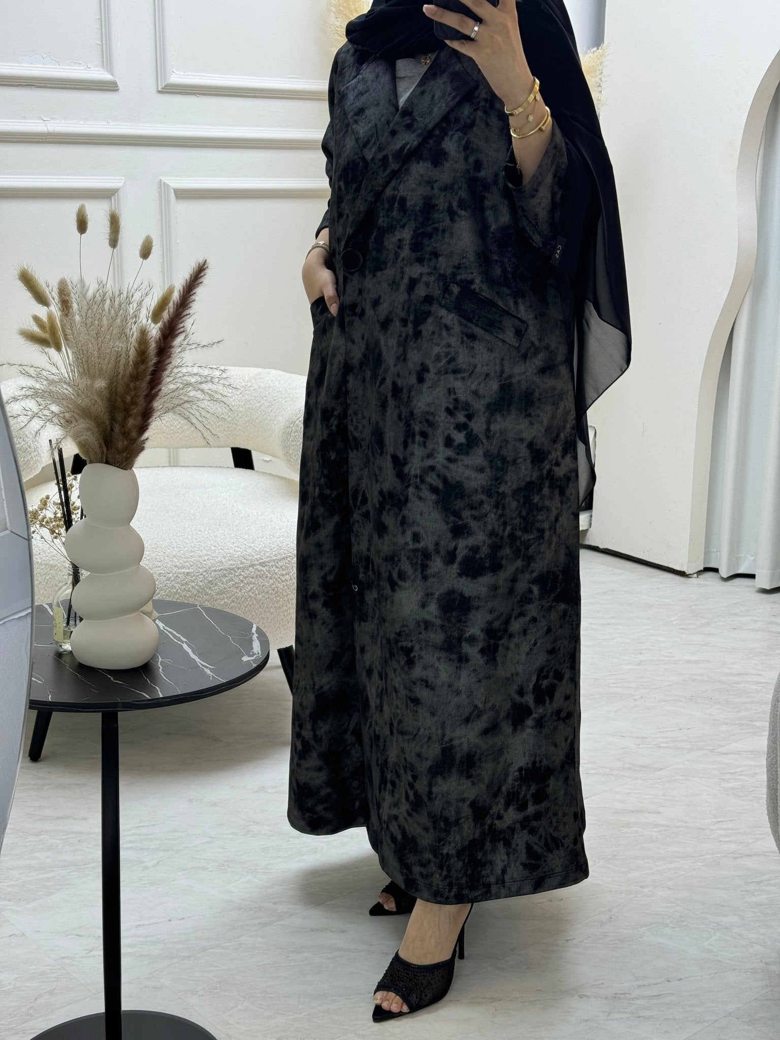 C 0817 - 01 Grey Printed Coat Abaya