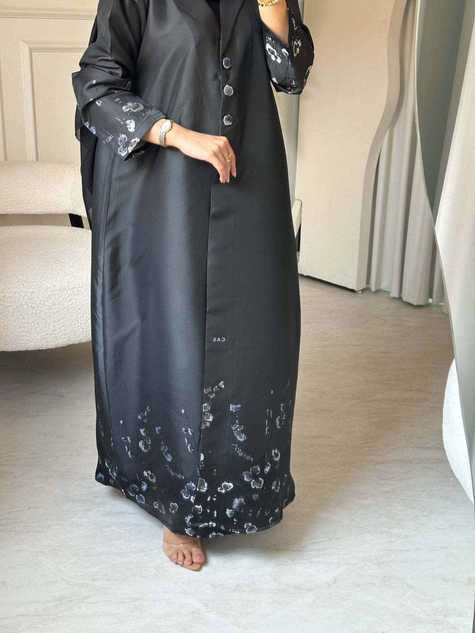 C 0823 - 02 Black Floral Printed Abaya
