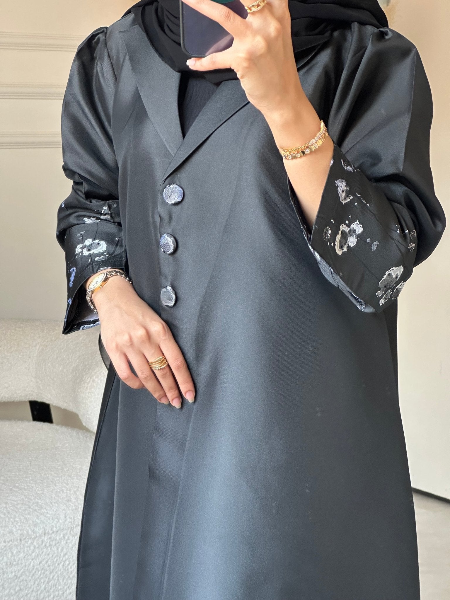 C 0823 - 02 Black Floral Printed Abaya