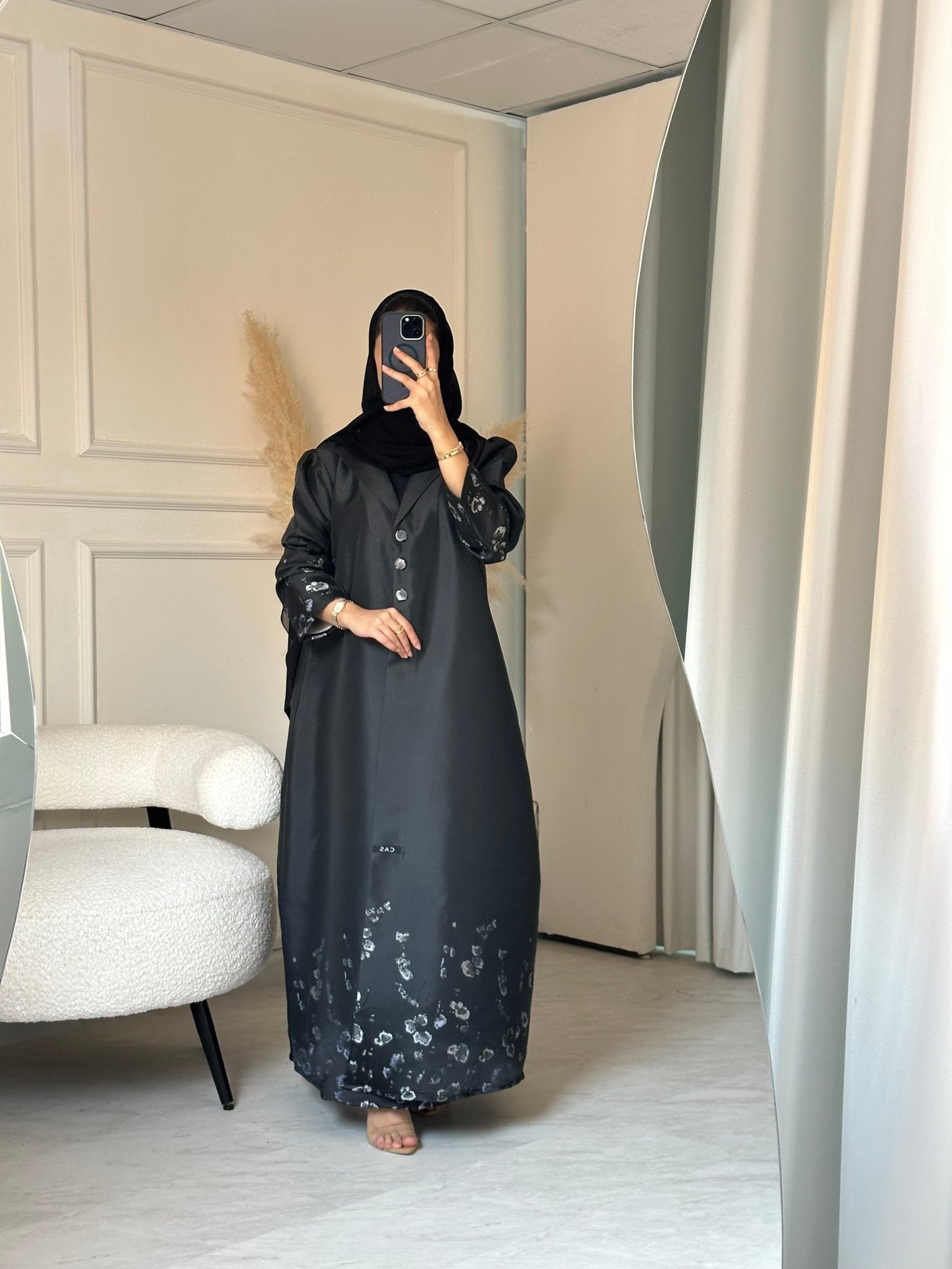 C 0823 - 02 Black Floral Printed Abaya