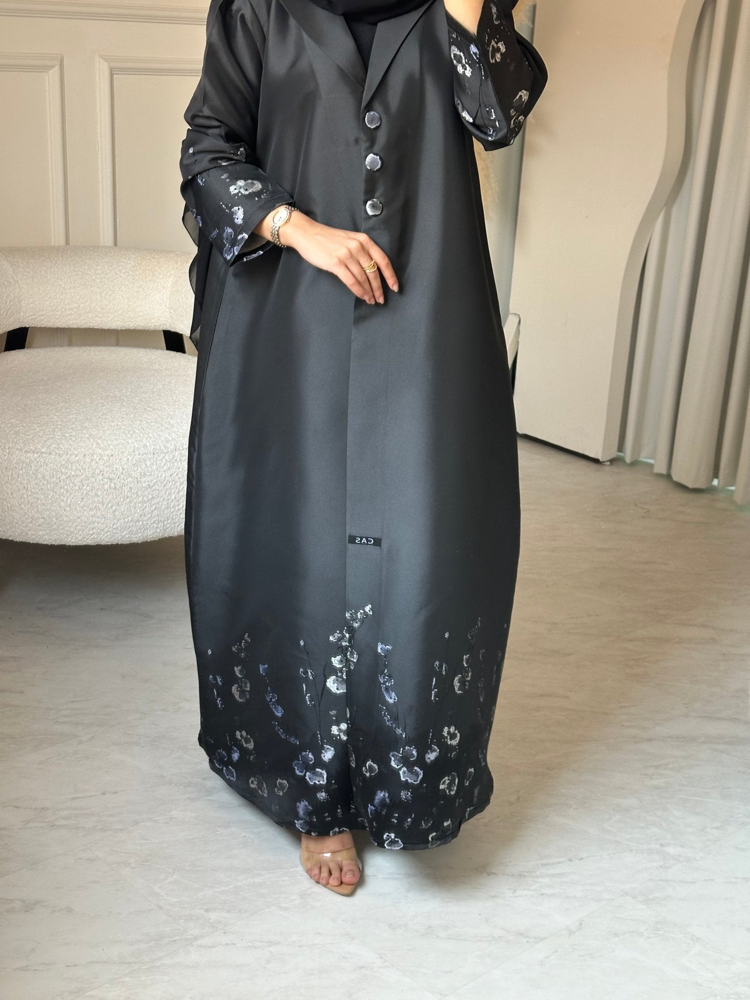C 0823 - 02 Black Floral Printed Abaya