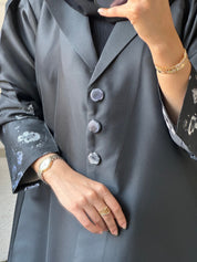 C 0823 - 02 Black Floral Printed Abaya