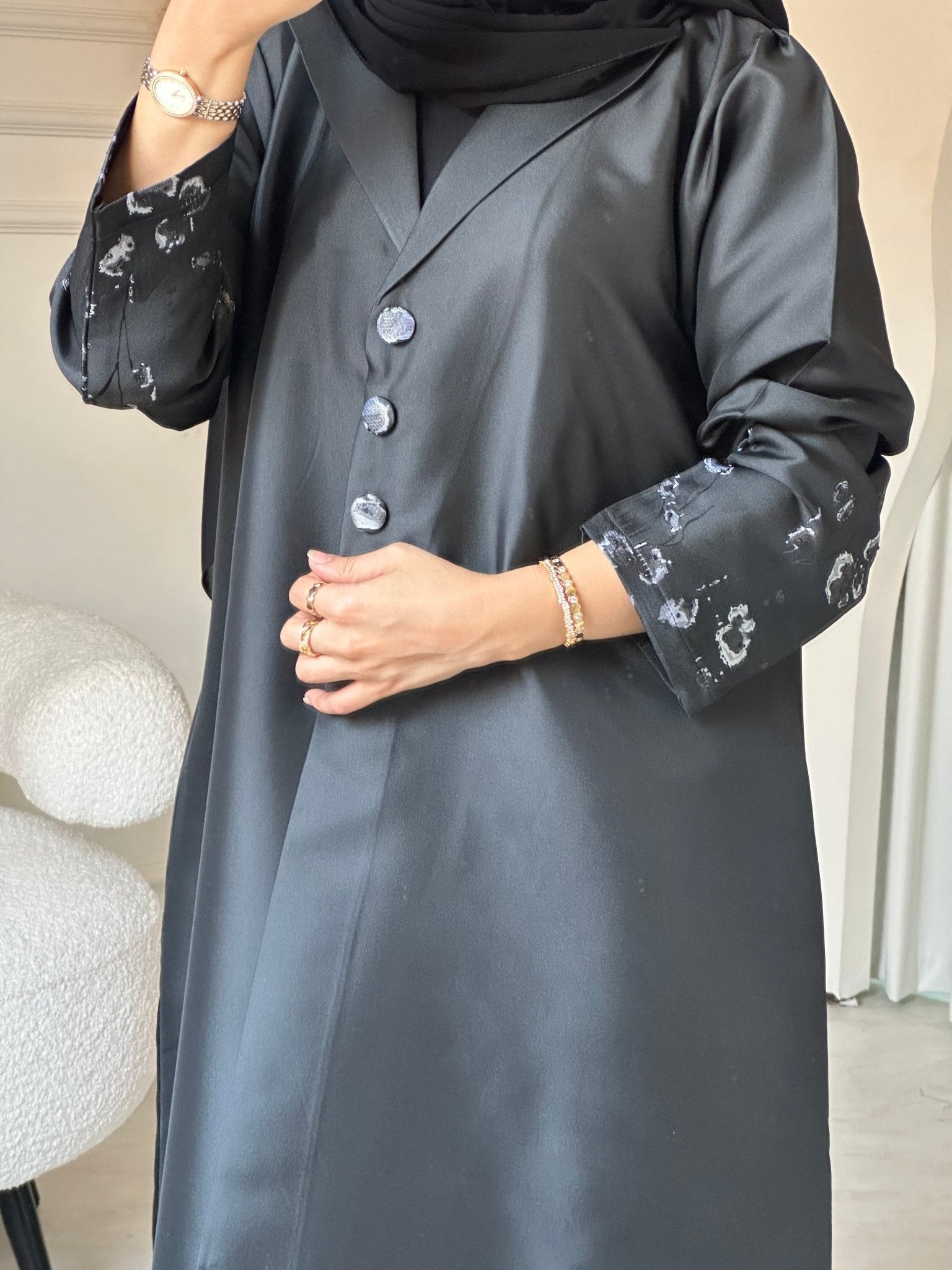 C 0823 - 02 Black Floral Printed Abaya